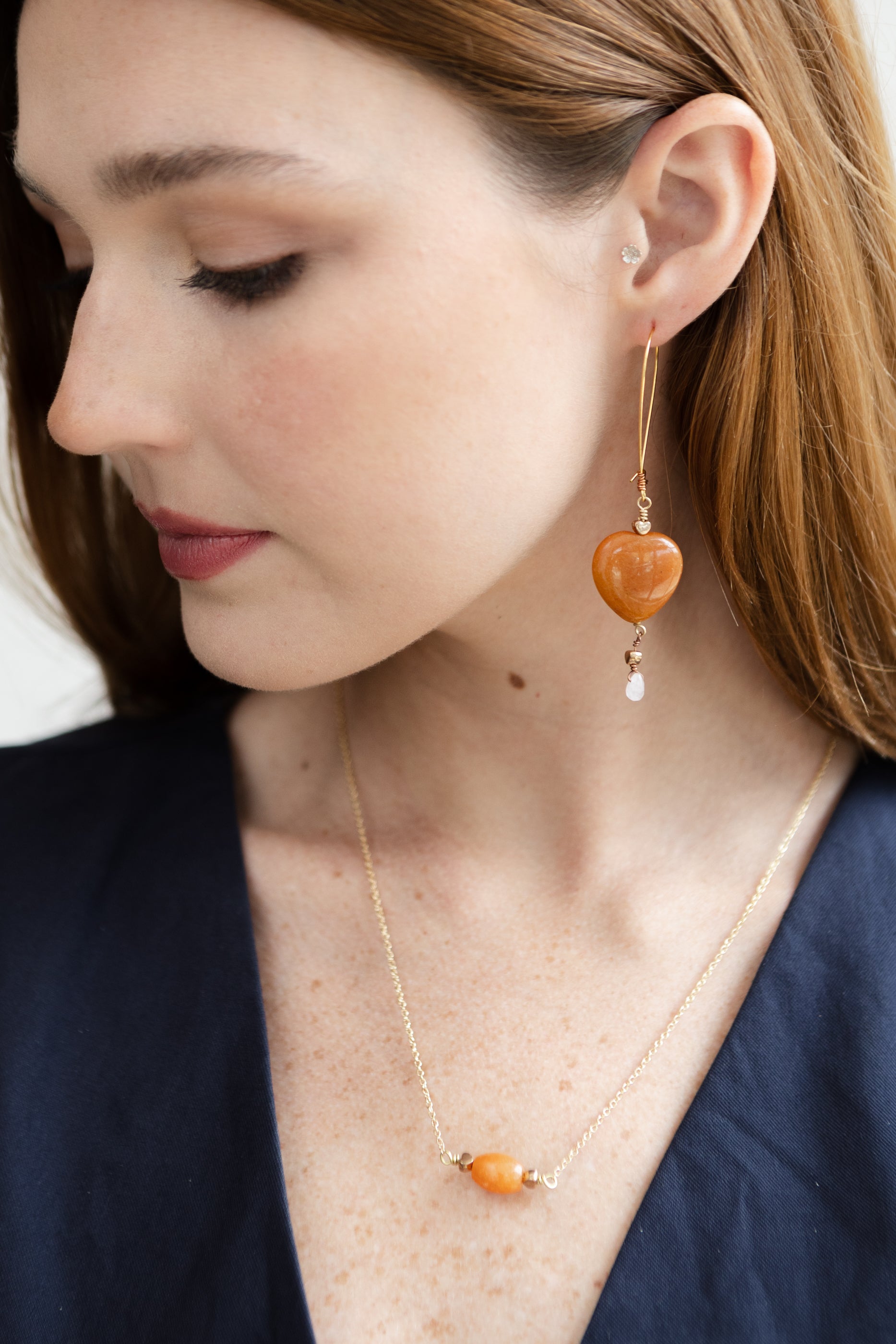 Red Hematite Heart Earrings & Rose Quartz Tear Drop Necklace, 18k Gold Coated