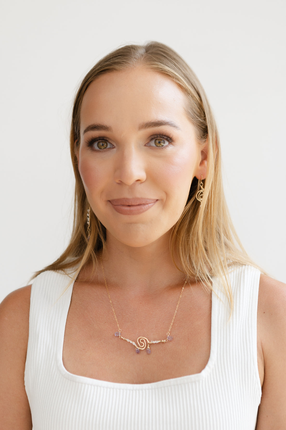 Amethyst, Herkimer Diamonds, 14kt Gold Chain Wire Spiral Necklace & Earring Set