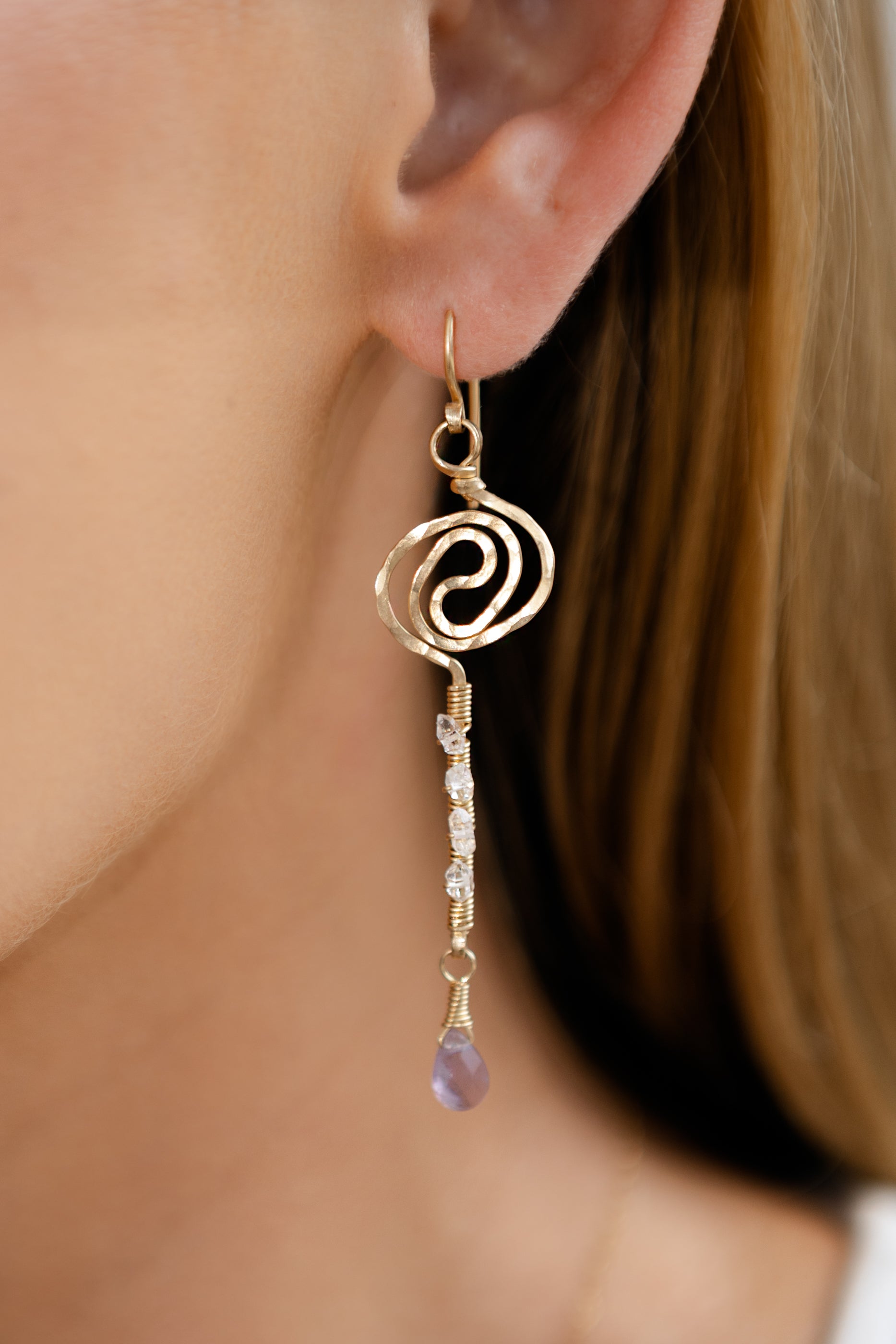 Amethyst, Herkimer Diamonds, 14kt Gold Chain Wire Spiral Necklace & Earring Set