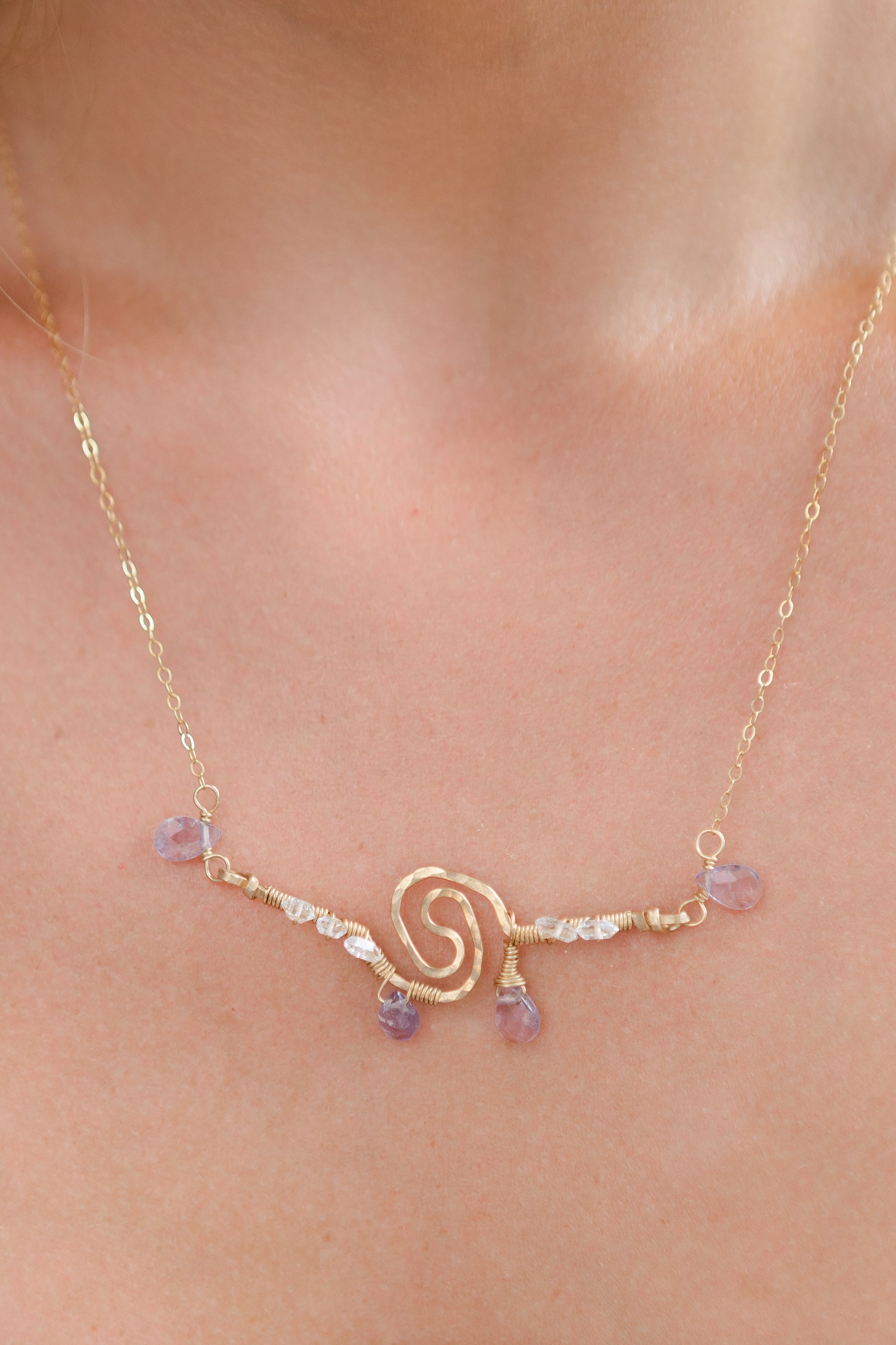 Amethyst, Herkimer Diamonds, 14kt Gold Chain Wire Spiral Necklace & Earring Set