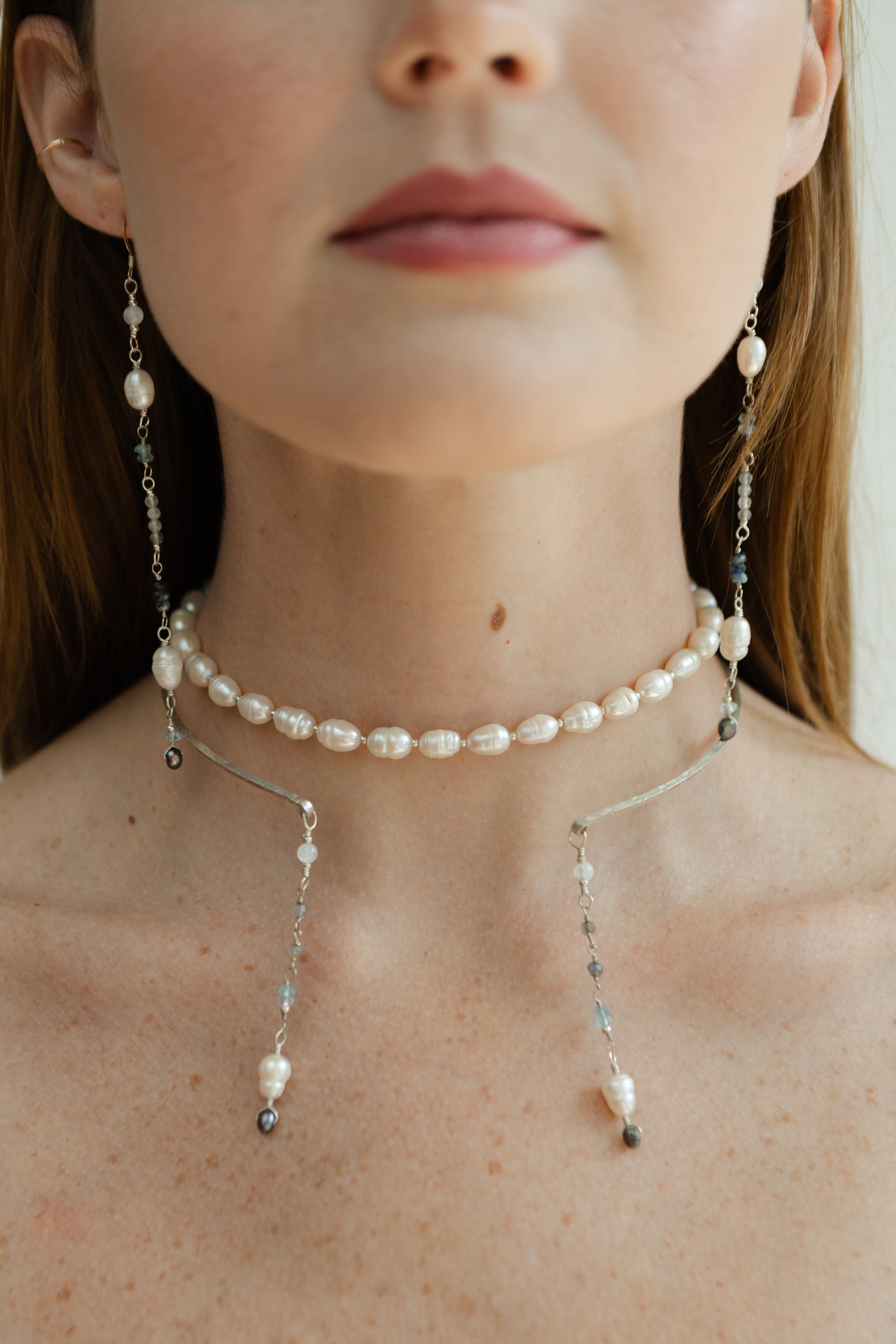 Freshwater Pearl, Blue Beryl, Sapphire, Labradorite with Silver Necklace & Earring Set