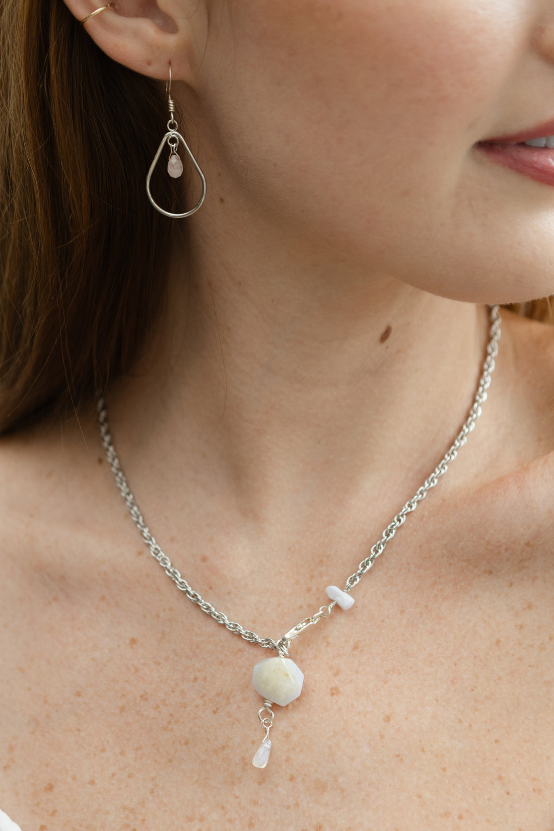 Rainbow Moonstone Tear Drop, Blue Lace Agate, Necklace & Earring Set, Sterling Silver