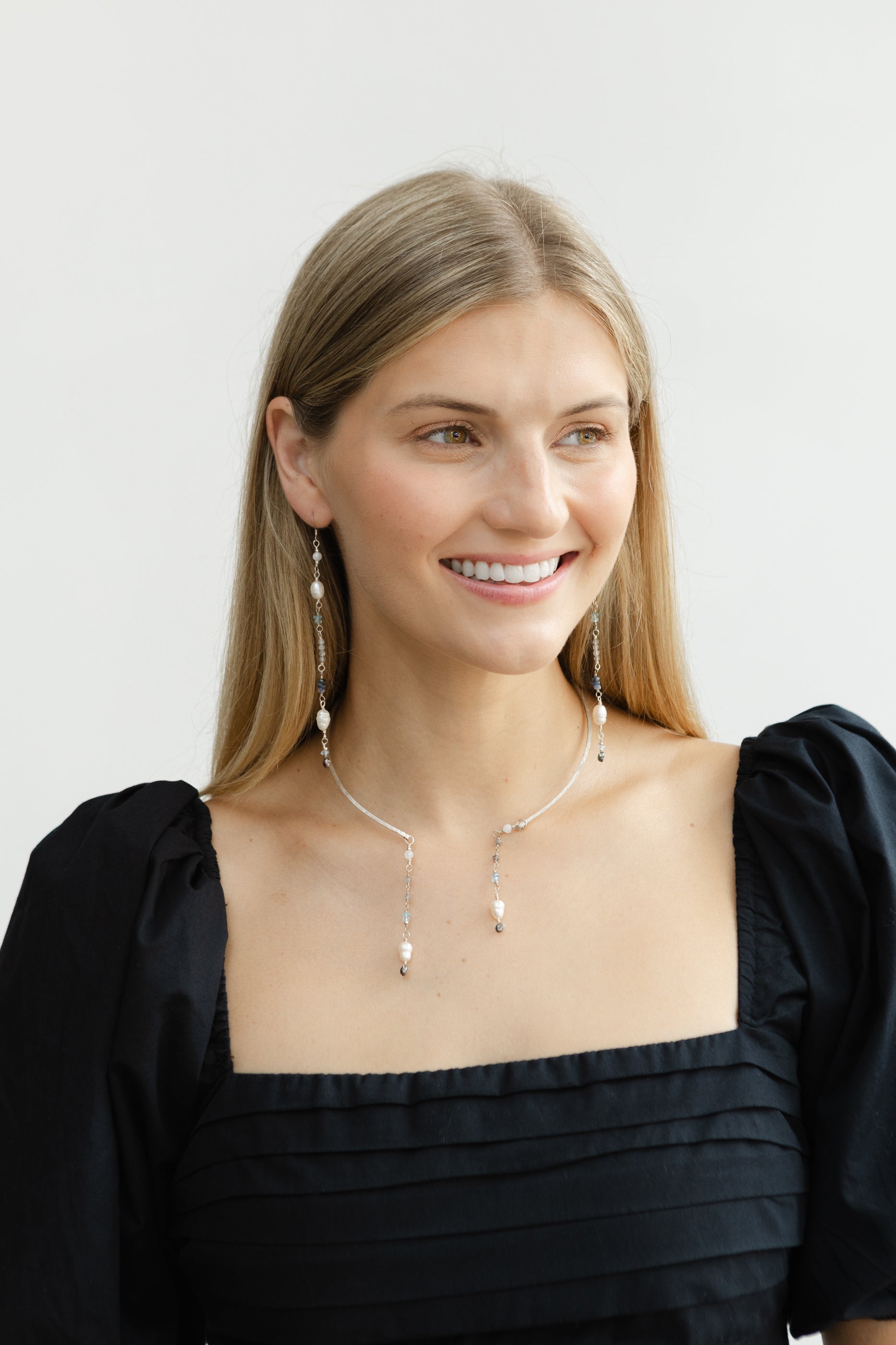 Freshwater Pearl, Blue Beryl, Sapphire, Labradorite with Silver Necklace & Earring Set