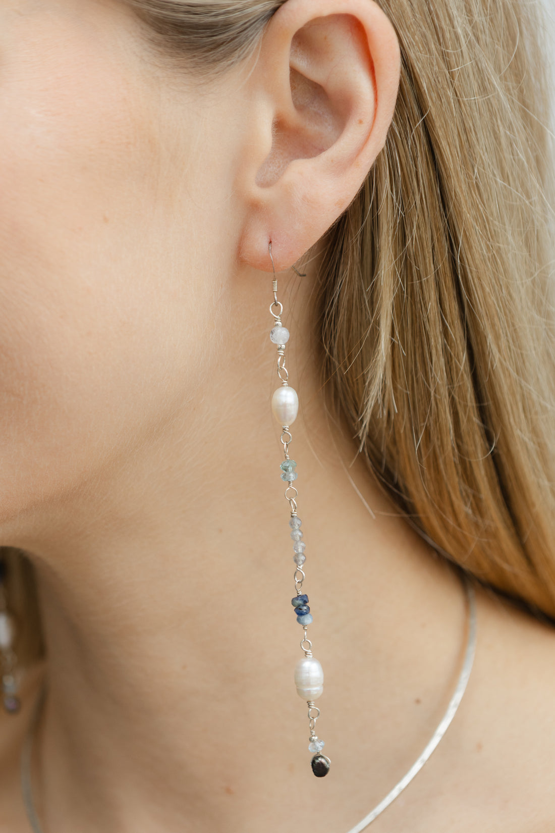 Freshwater Pearl, Blue Beryl, Sapphire, Labradorite with Silver Necklace & Earring Set