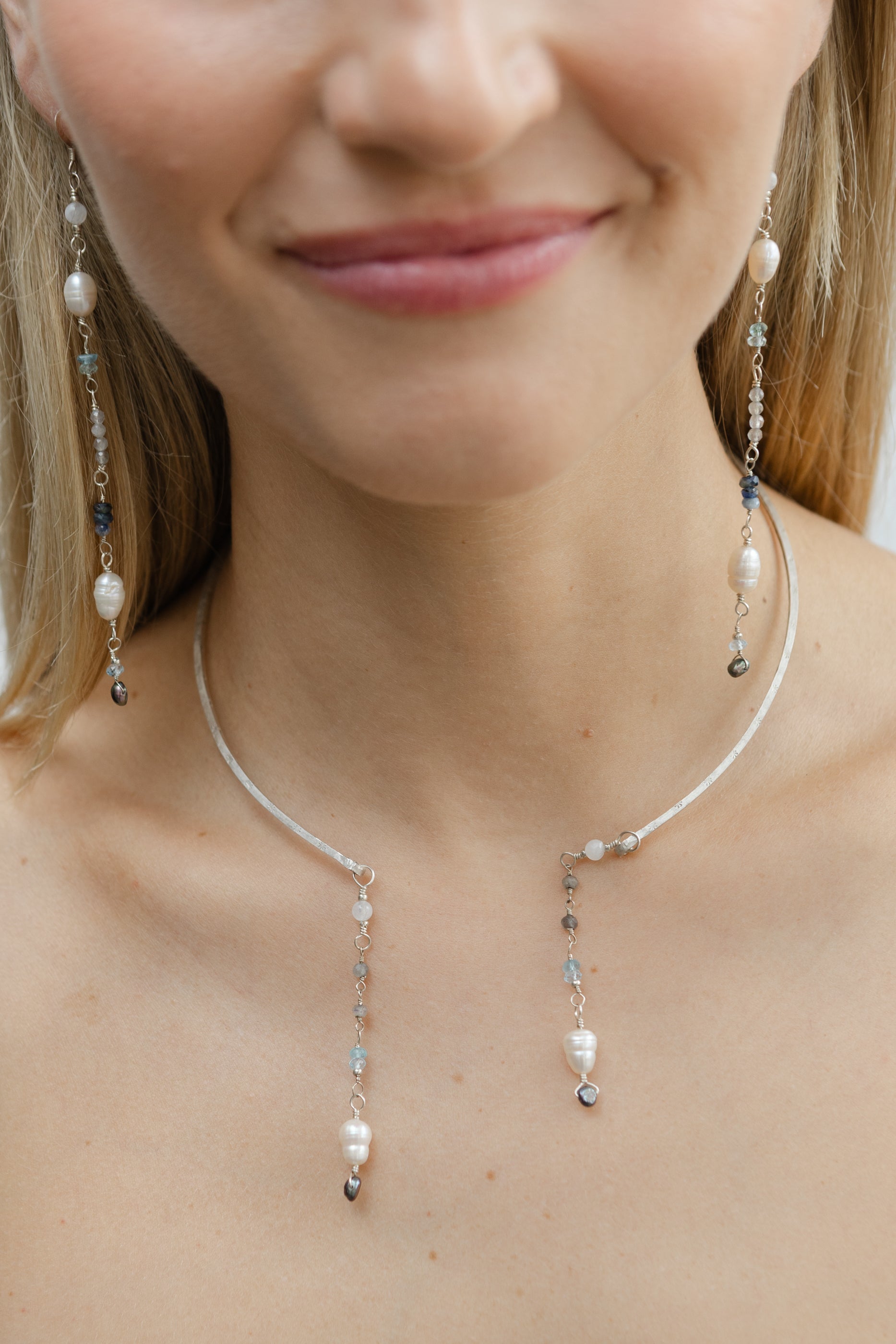 Freshwater Pearl, Blue Beryl, Sapphire, Labradorite with Silver Necklace & Earring Set
