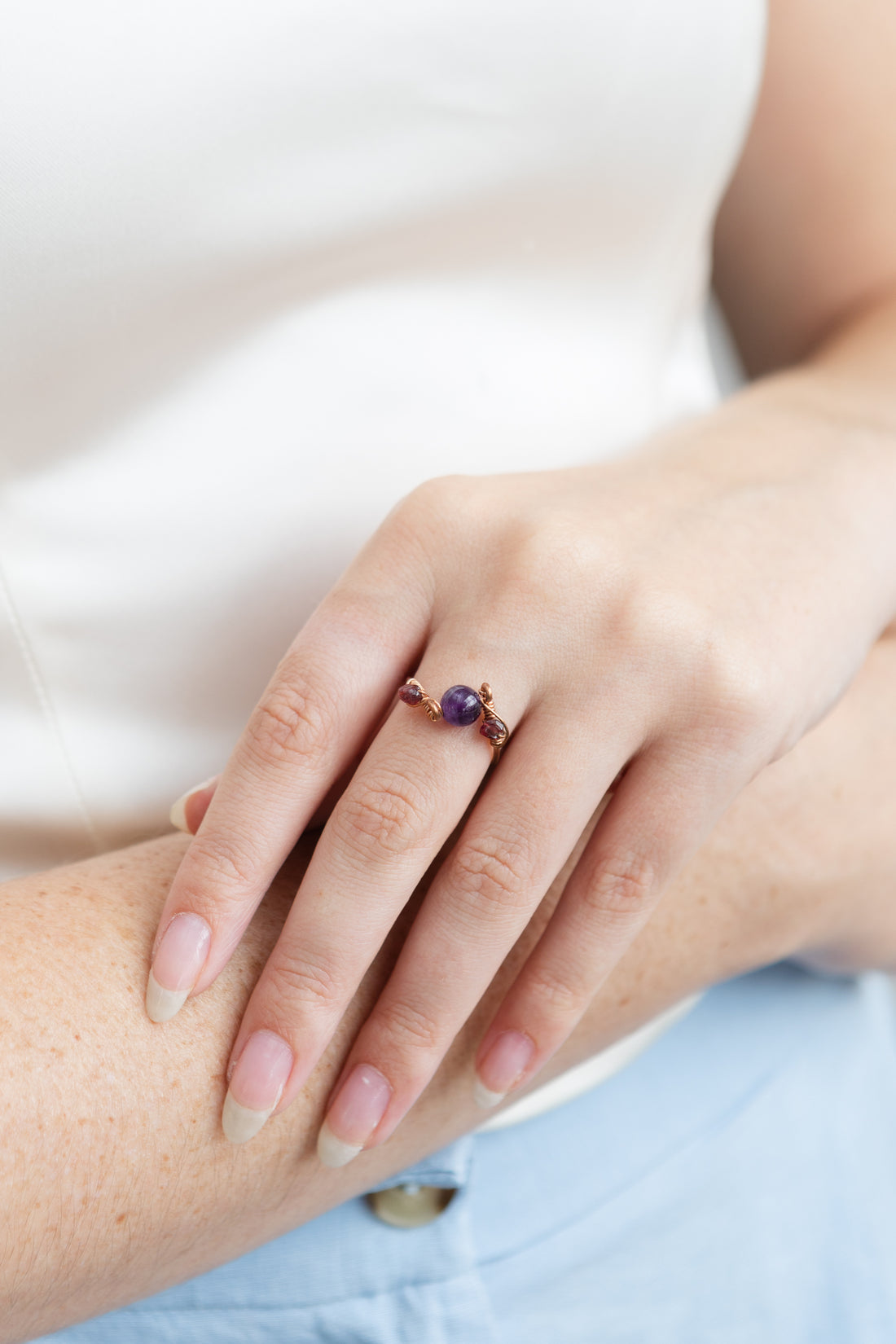 Amethyst & Garnet Bead Ring, Copper Wire