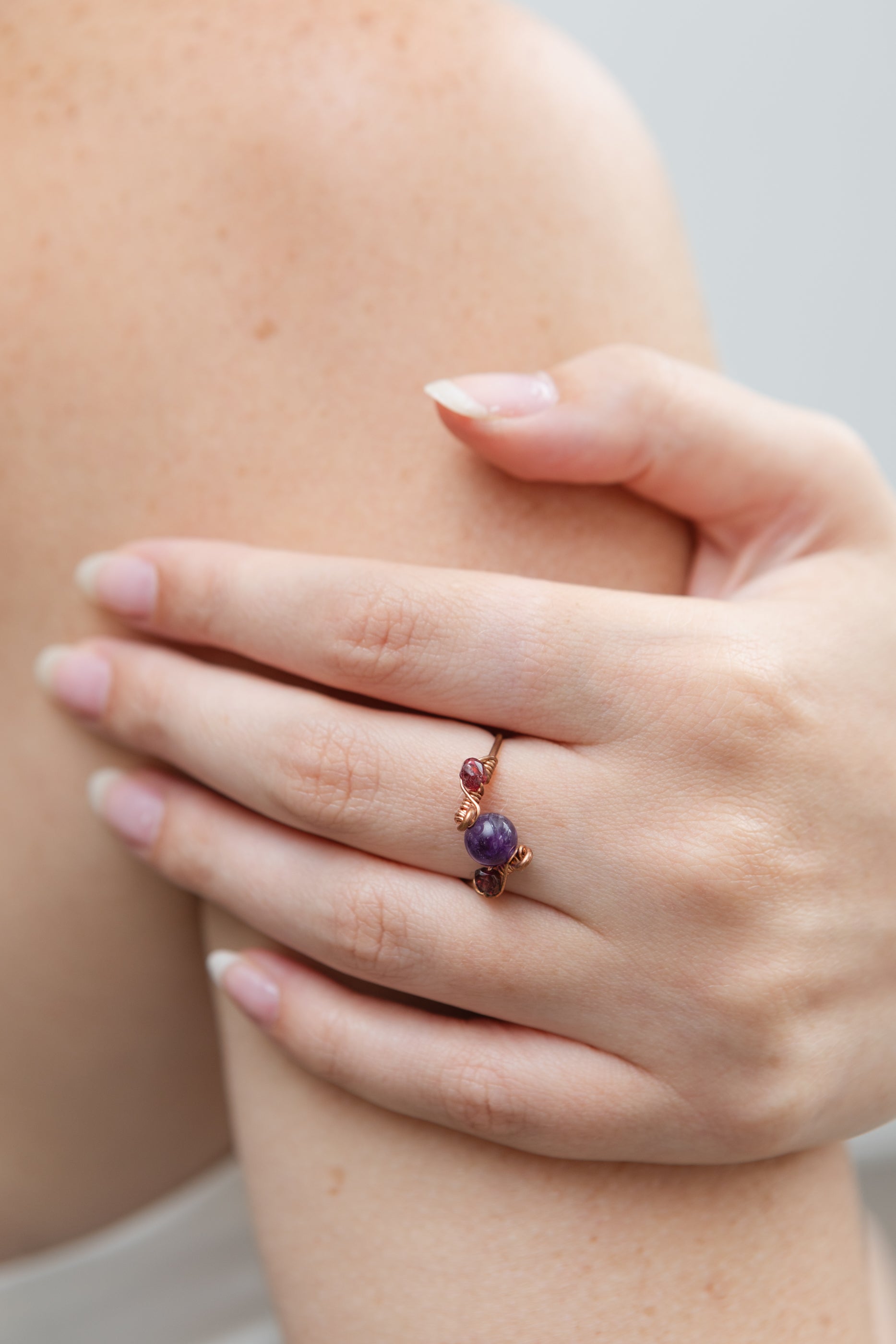 Amethyst & Garnet Bead Ring, Copper Wire