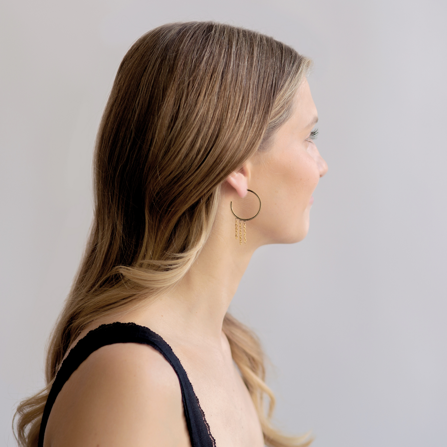 Gold Half Hoop With Chain Earrings