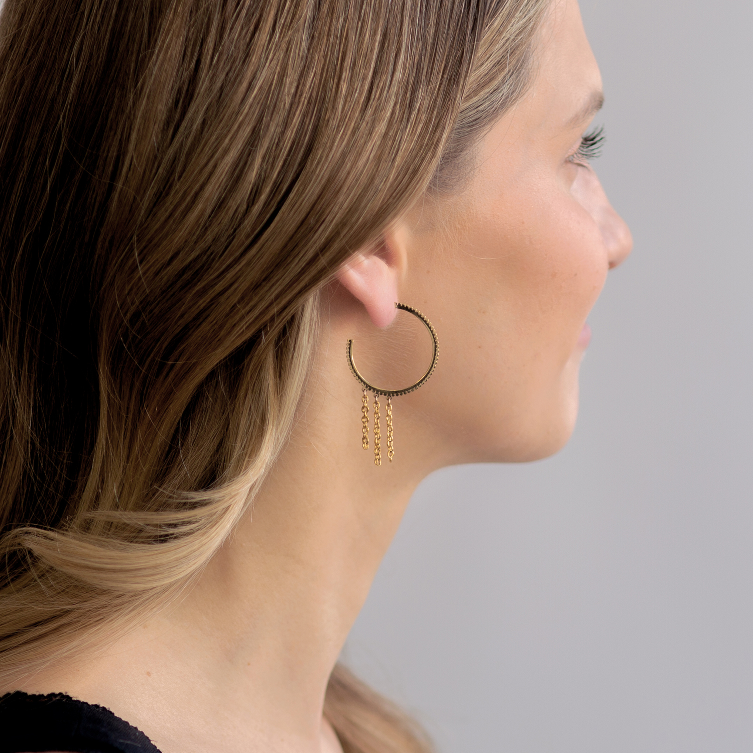 Gold Half Hoop With Chain Earrings