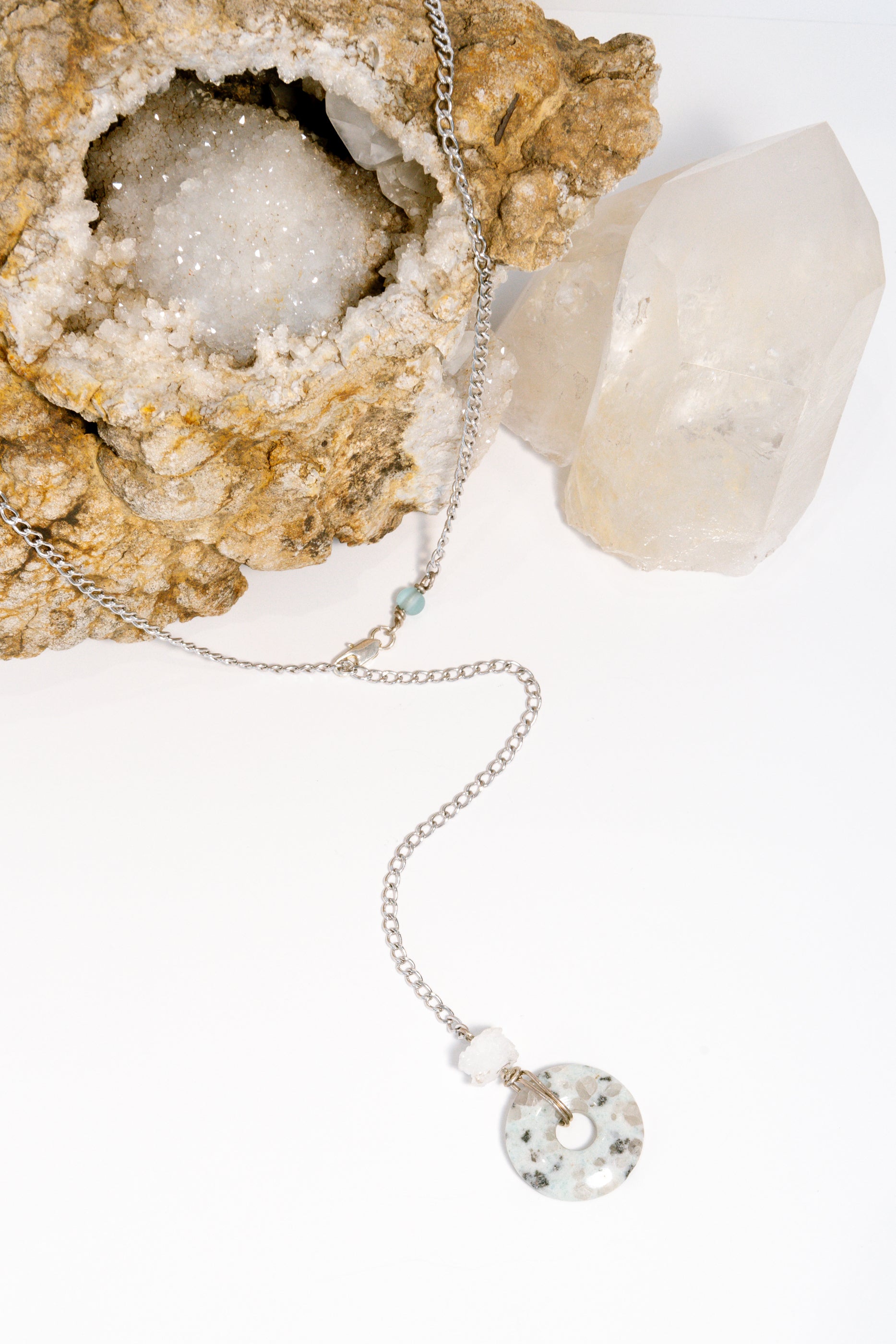 Ocean Jasper + Stalactite Quartz Cluster + Blue Glass with Sterling Silver Chain