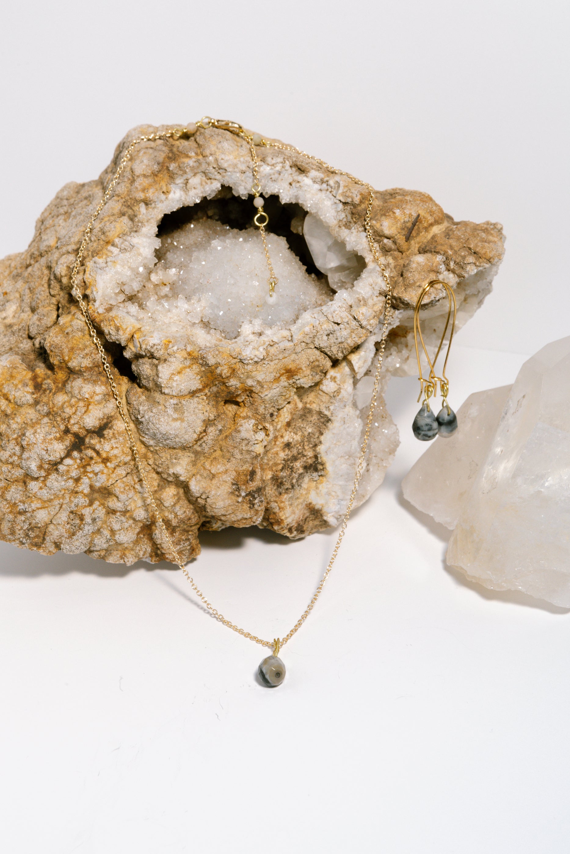 Ocean Jasper Briolette Necklace & Earrings, 18k Coated Gold