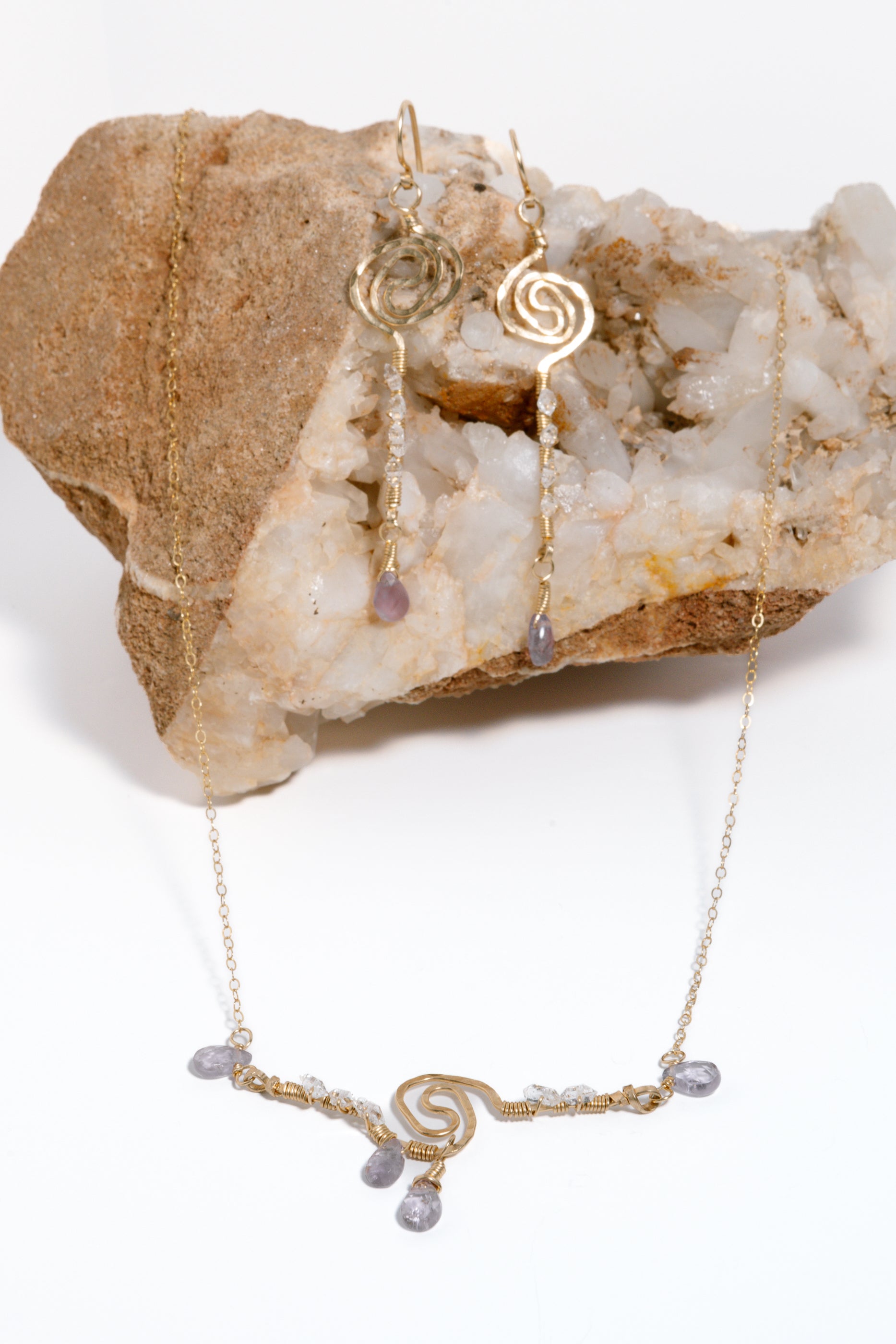 Amethyst, Herkimer Diamonds, 14kt Gold Chain Wire Spiral Necklace & Earring Set