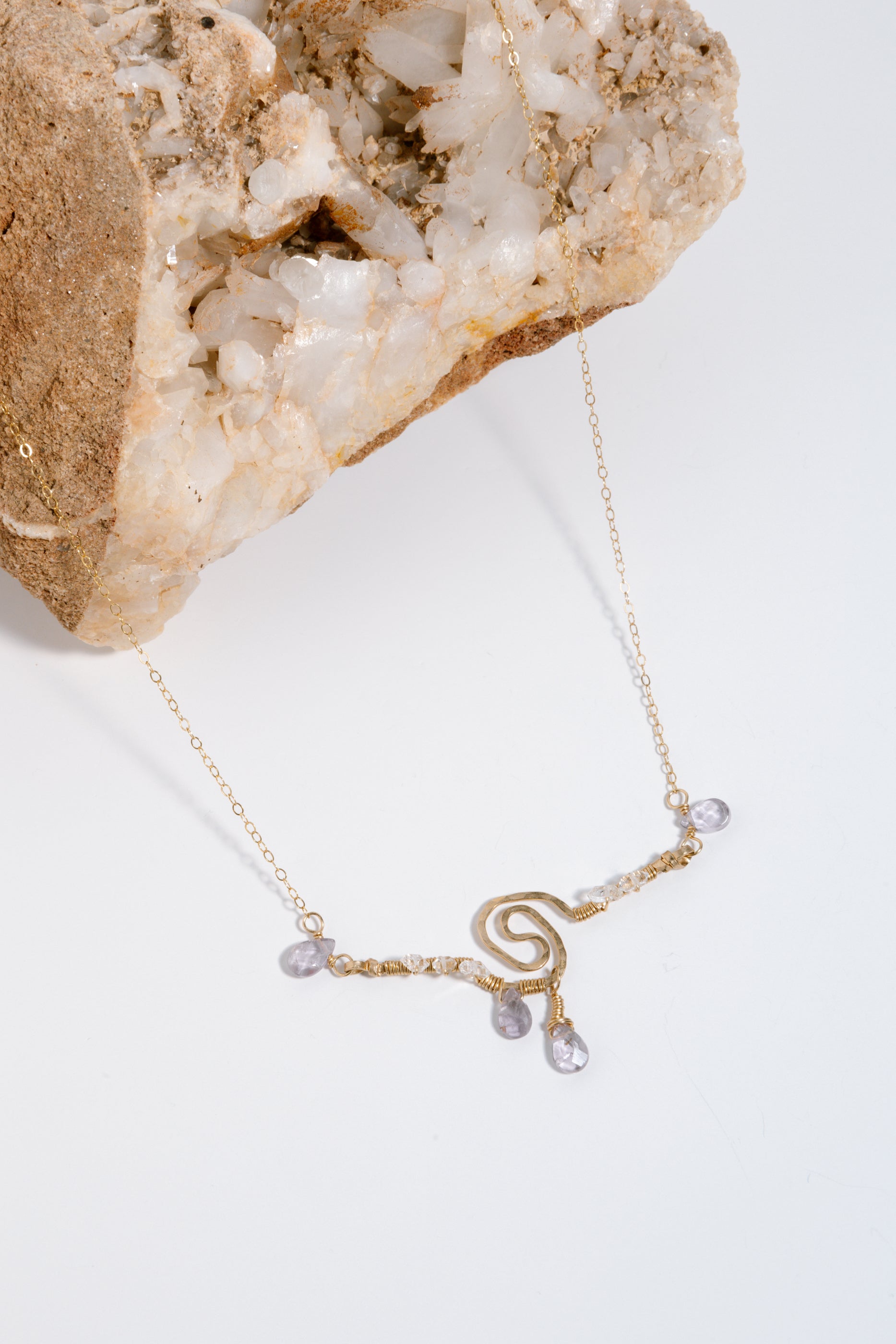 Amethyst, Herkimer Diamonds, 14kt Gold Chain Wire Spiral Necklace & Earring Set