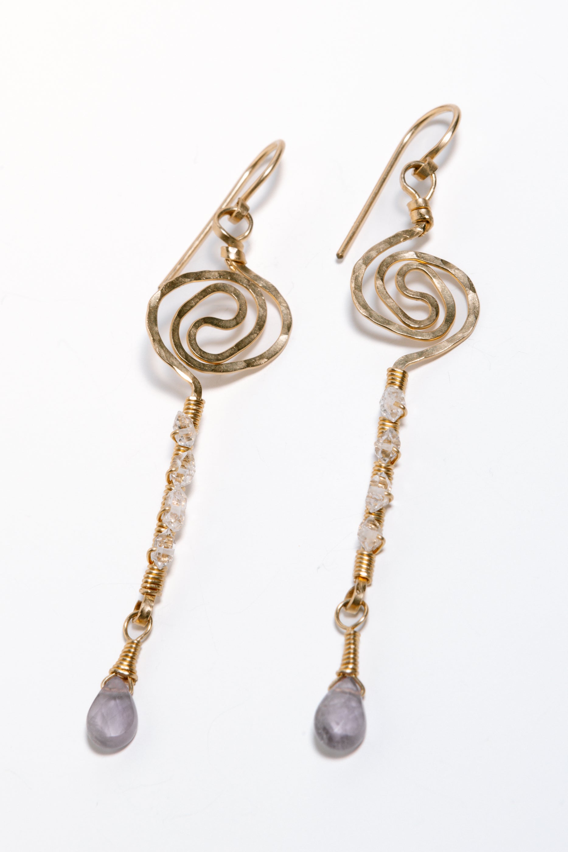 Amethyst, Herkimer Diamonds, 14kt Gold Chain Wire Spiral Necklace & Earring Set