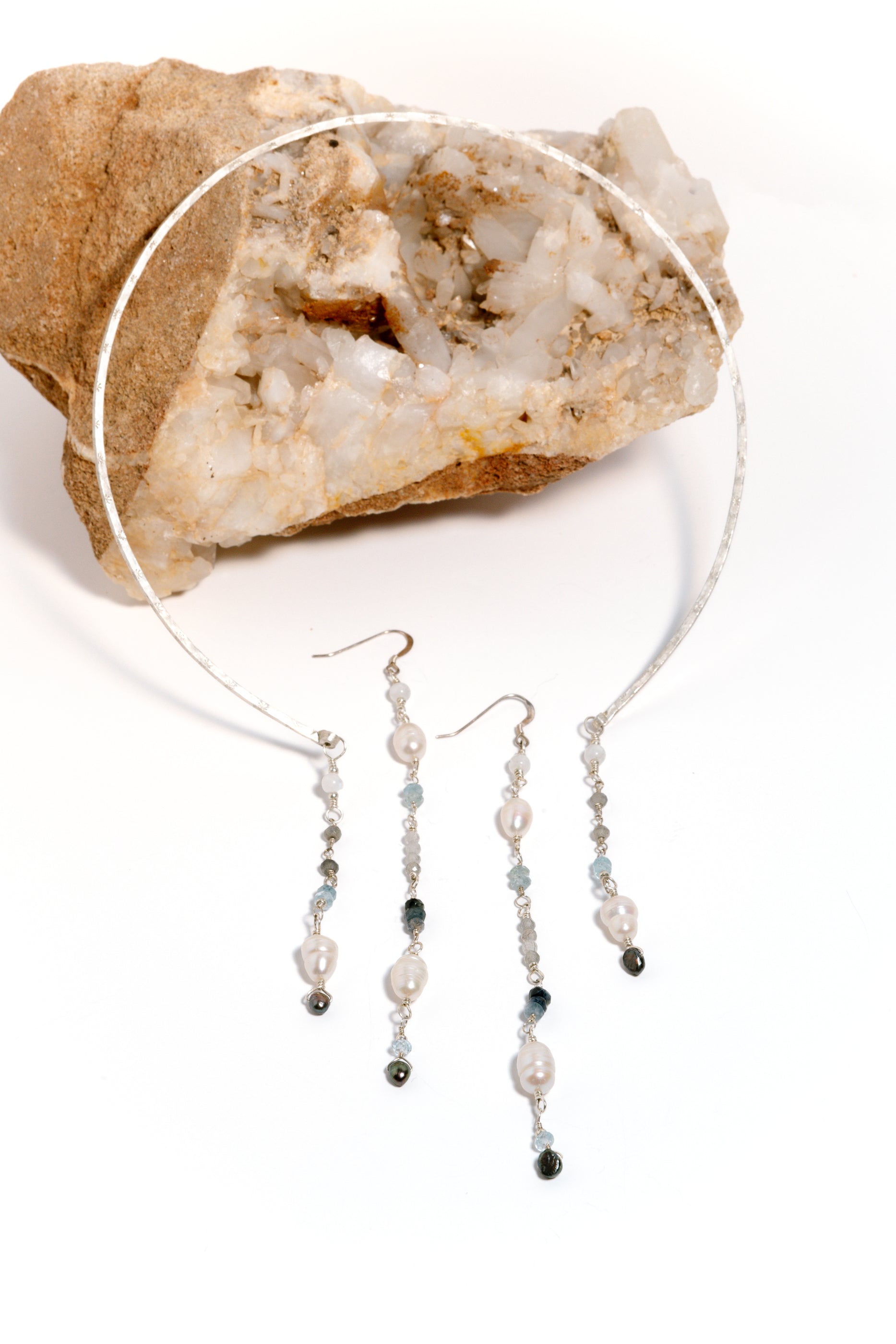 Freshwater Pearl, Blue Beryl, Sapphire, Labradorite with Silver Necklace & Earring Set