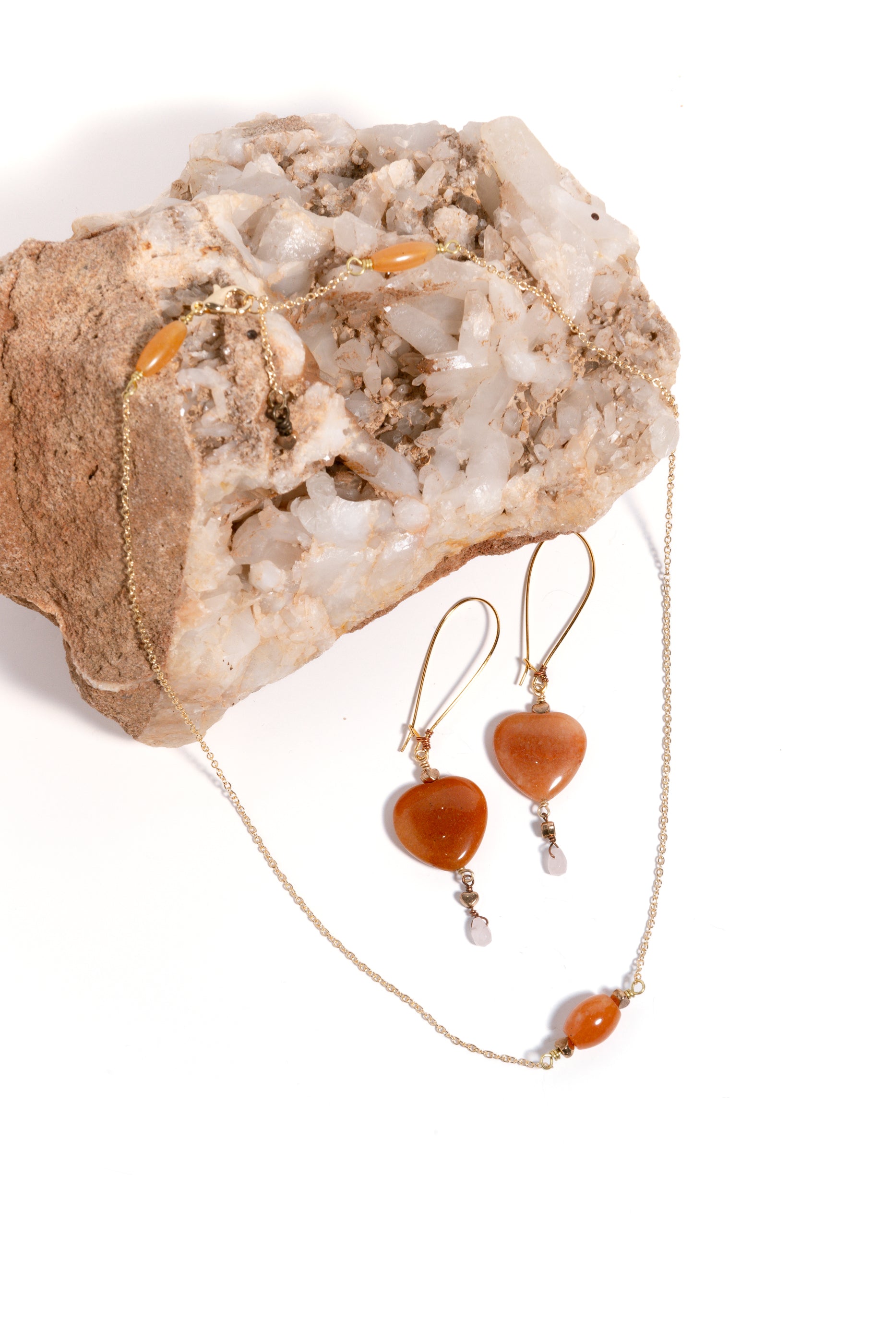 Red Hematite Heart Earrings & Rose Quartz Tear Drop Necklace, 18k Gold Coated
