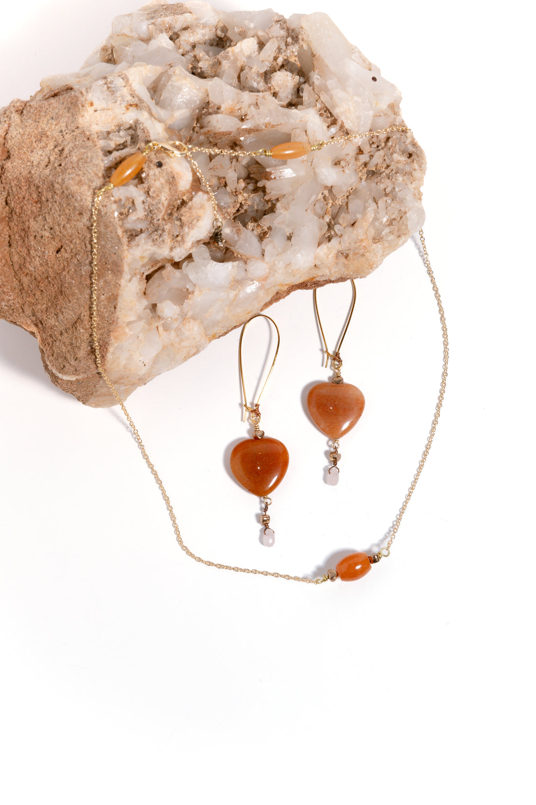 Red Hematite Heart Earrings & Rose Quartz Tear Drop Necklace, 18k Gold Coated