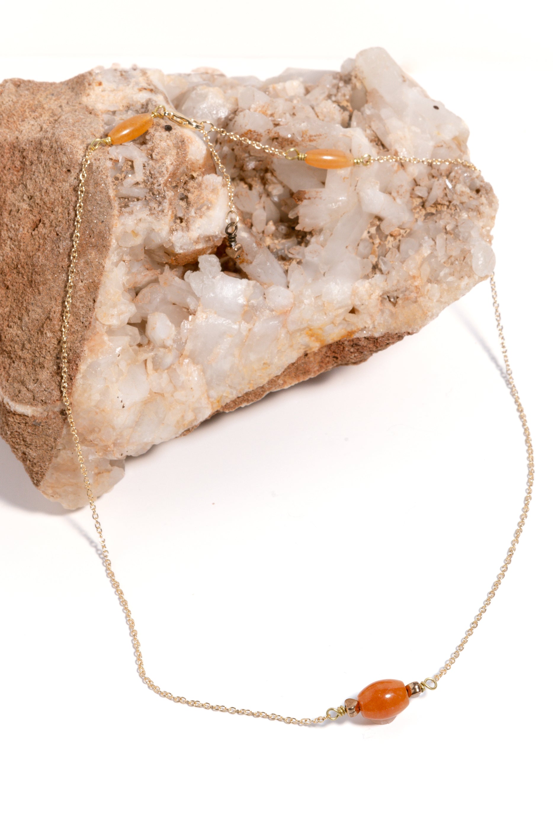 Red Hematite Heart Earrings & Rose Quartz Tear Drop Necklace, 18k Gold Coated