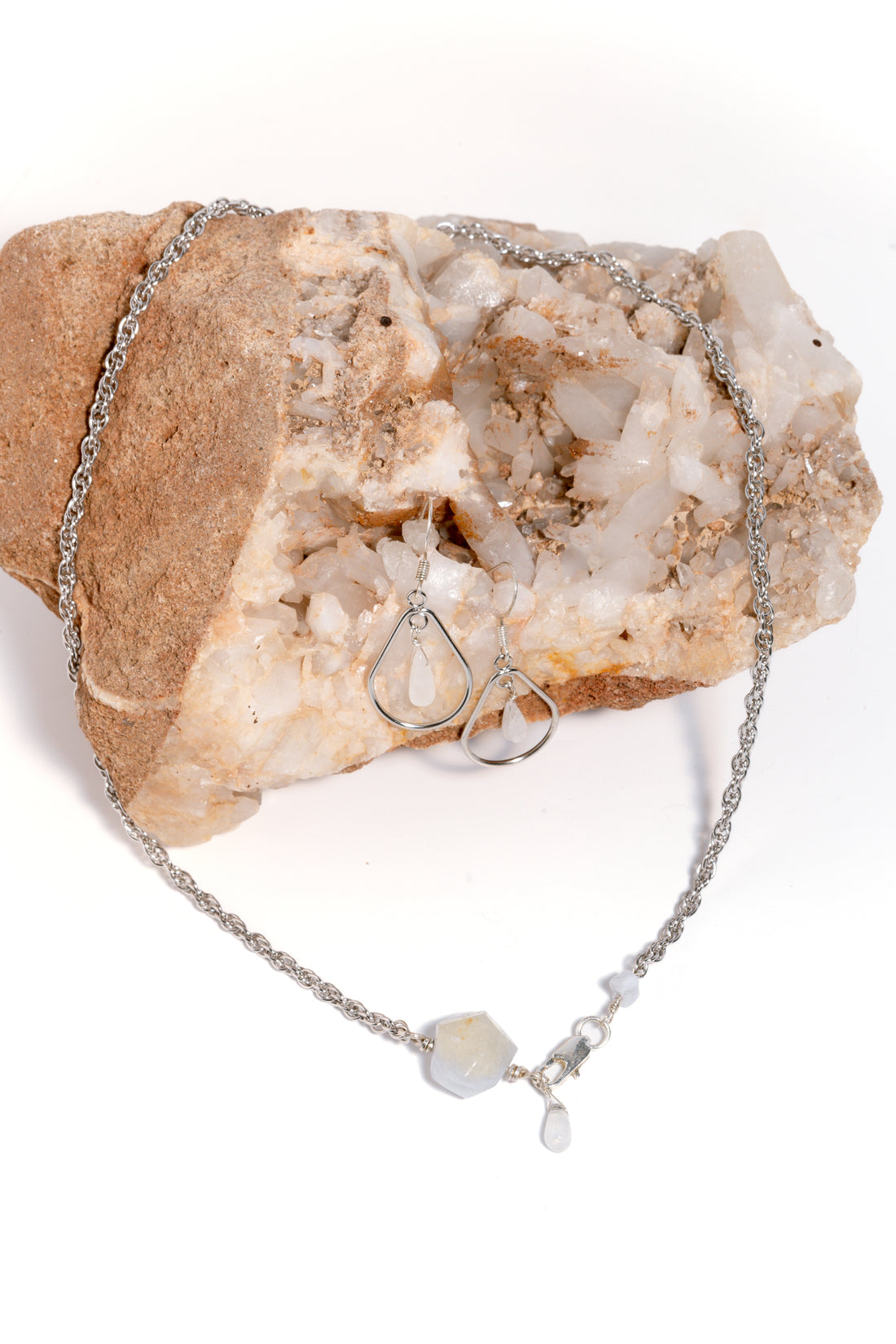 Rose Quartz Tear Drop Necklace & Earring Set, Sterling Silver