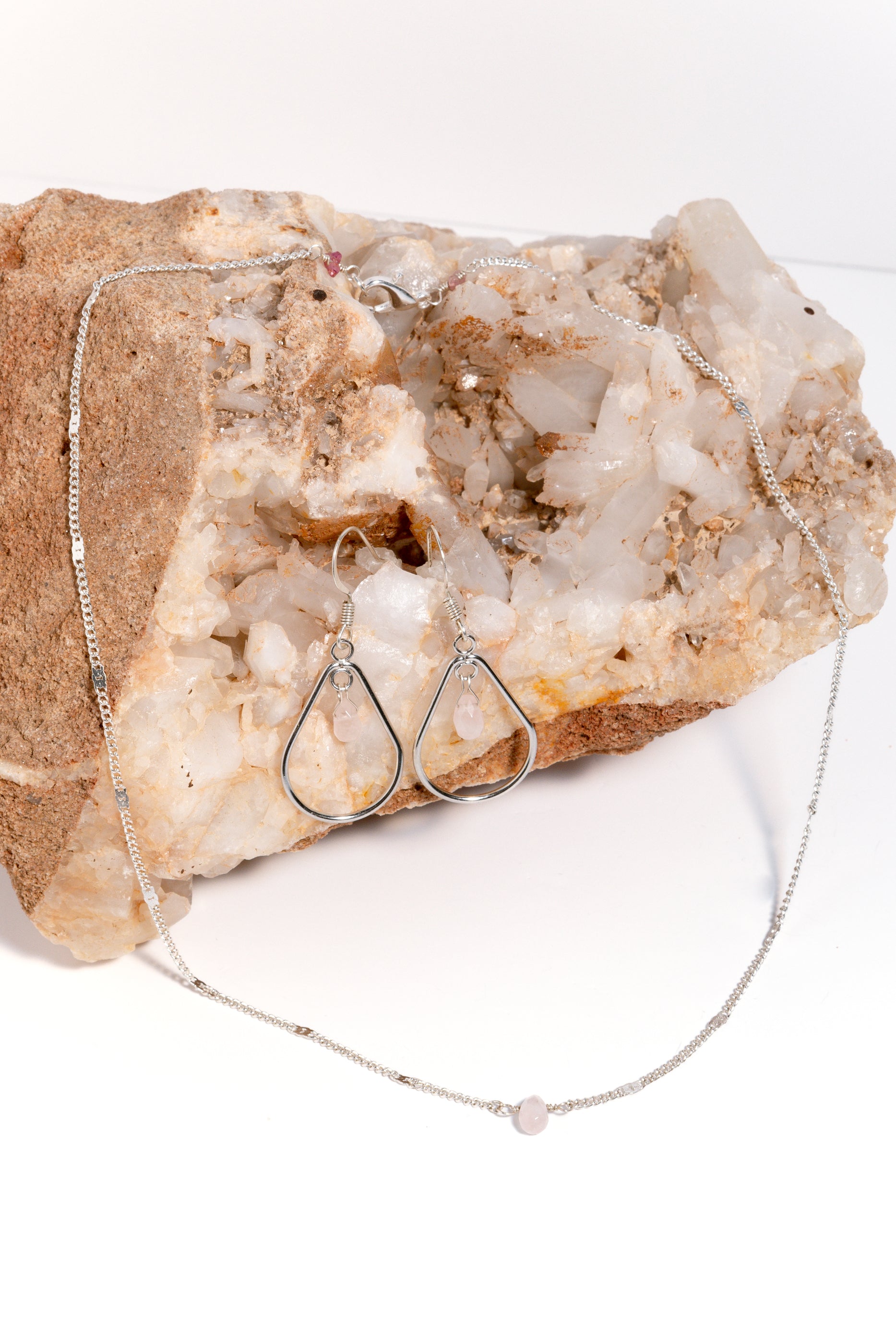Rose Quartz Tear Drop Necklace & Earring Set, Sterling Silver