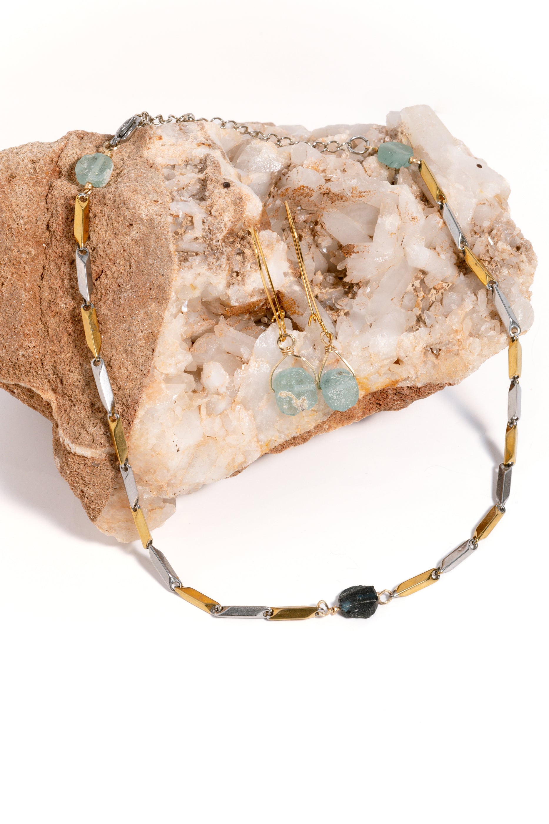 Roman Glass Necklace & Earring Set, 18k Gold Coated
