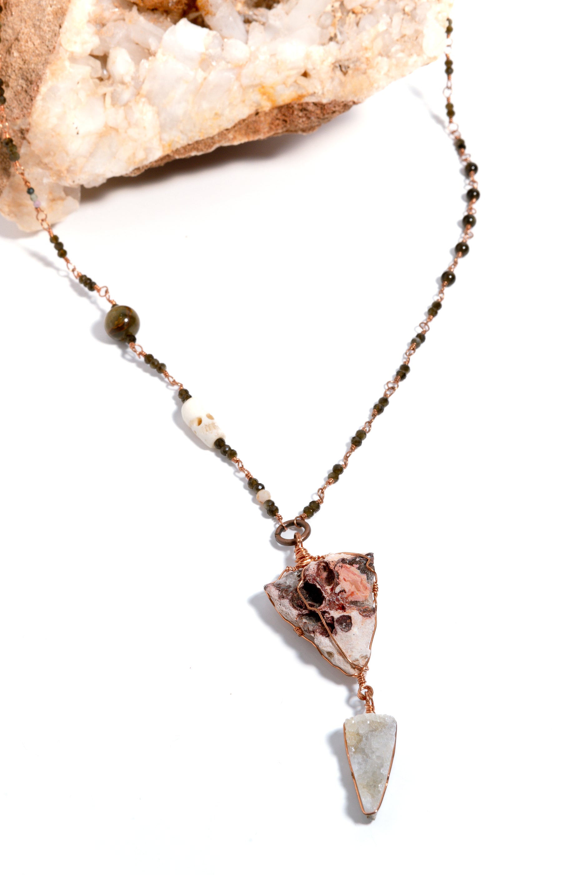 Raw Fire Opal & Geode Handmade Copper Chain Necklace, Tourmaline, Goldsheen Obsidian