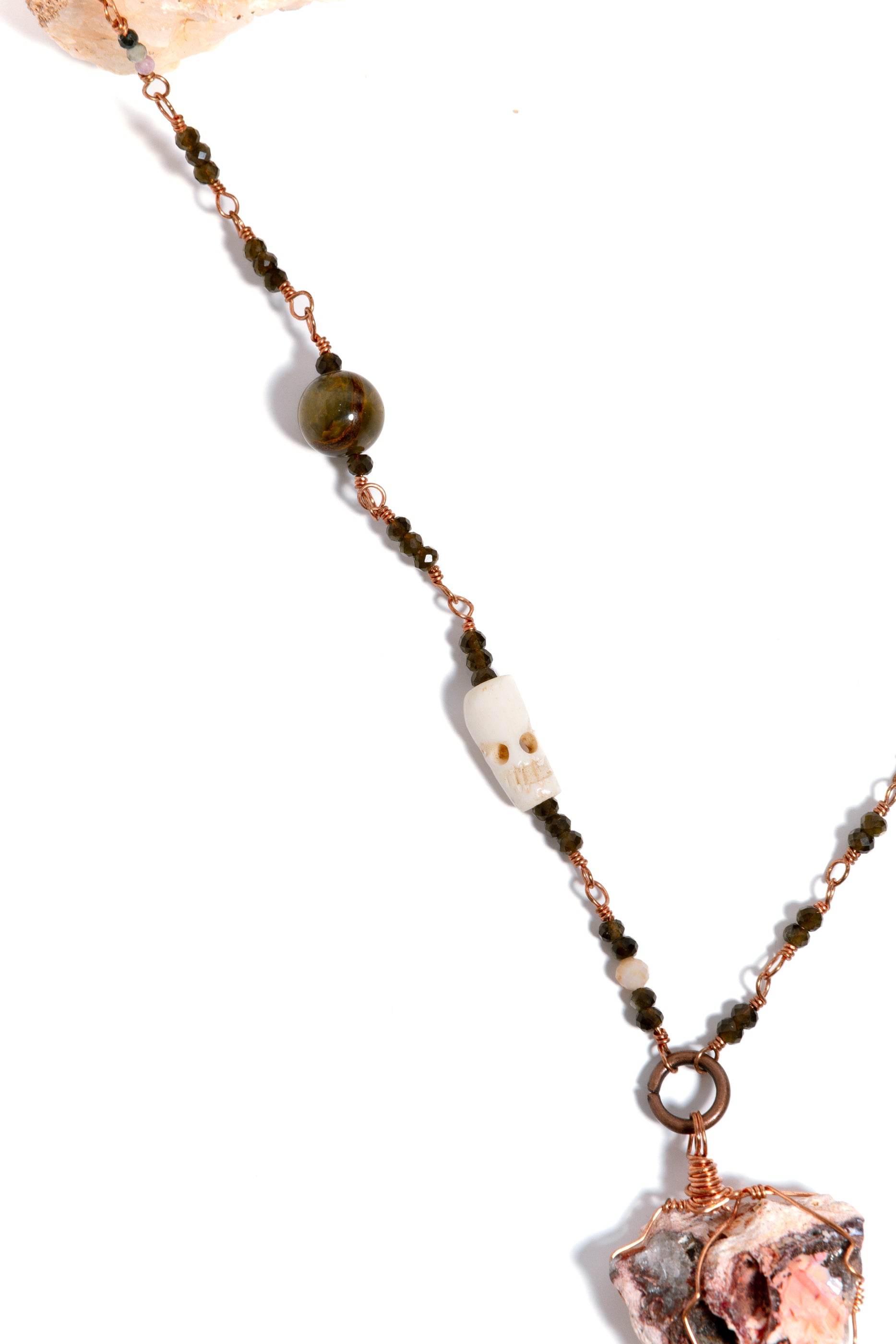 Raw Fire Opal & Geode Handmade Copper Chain Necklace, Tourmaline, Goldsheen Obsidian