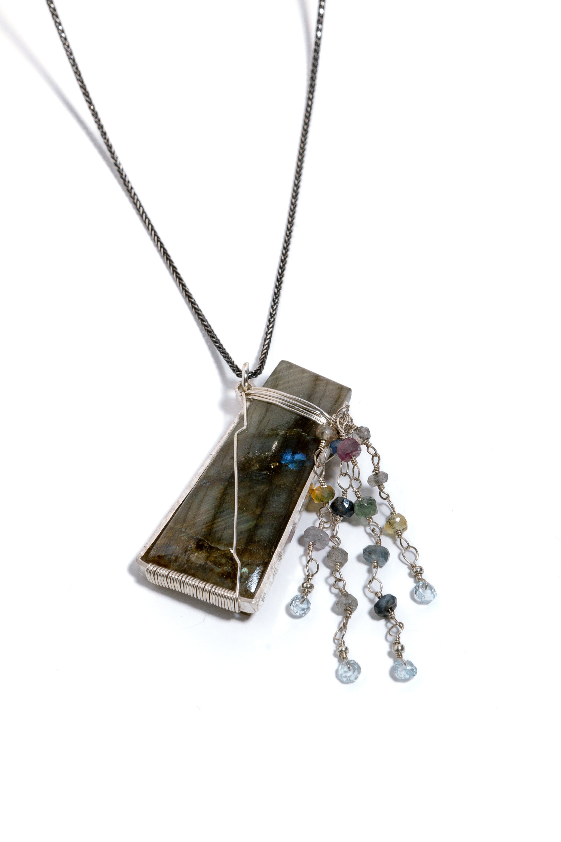 Labradorite Pendant Necklace, .925 Wire, Sapphire Beads