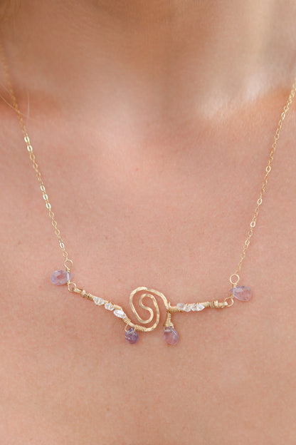 Amethyst, Herkimer Diamonds, 14kt Gold Chain Wire Spiral Necklace &amp; Earring Set