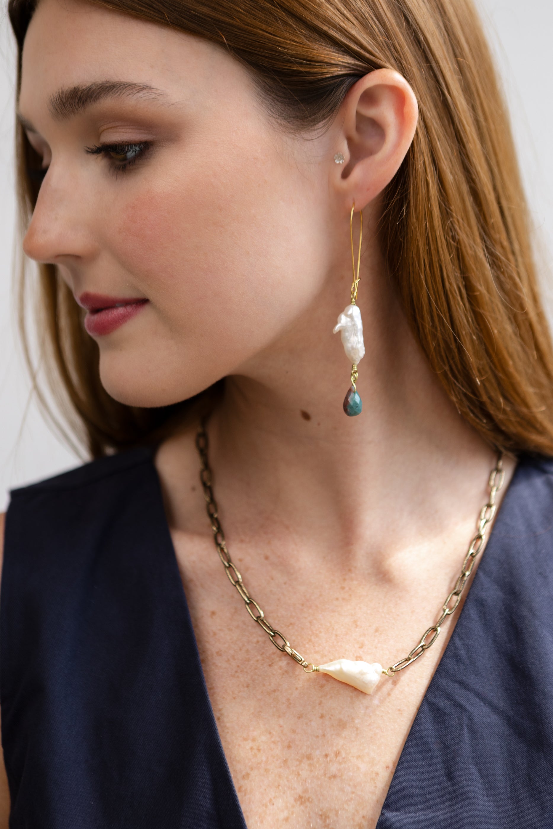 Fresh Water Pearl, Ocean Jasper Briolette, Brass Necklace and 18k Coated Earrings