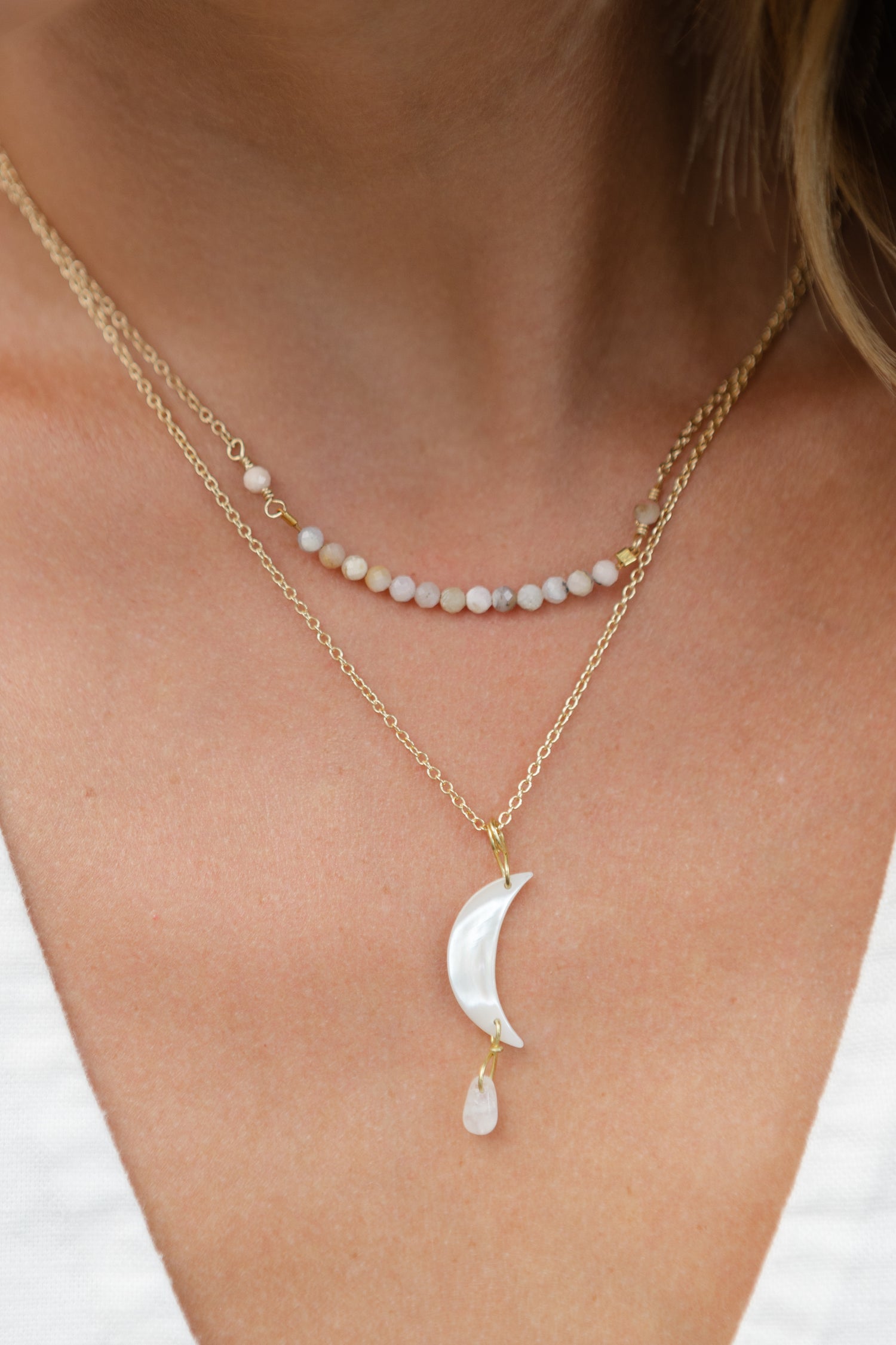 Freshwater Pearl Crescent Moon/Moonstone Tear Drop Necklace, 18k Gold Coated Brass