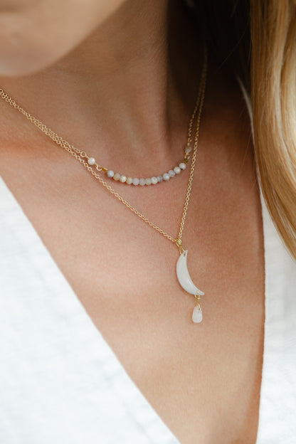 Freshwater Pearl Crescent Moon/Moonstone Tear Drop Necklace, 18k Gold Coated Brass