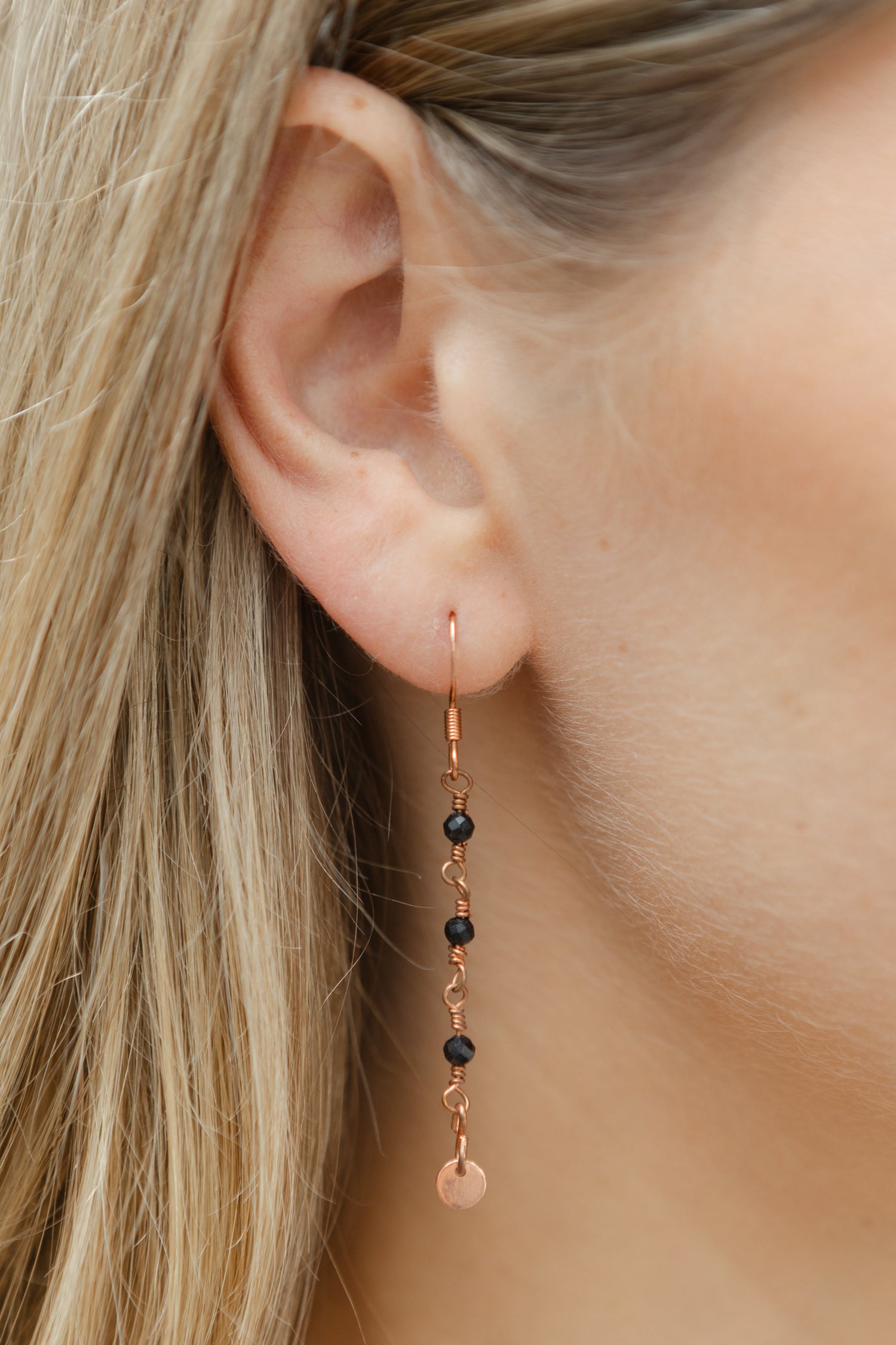 Black Tourmaline Dangle Earrings: Copper Circle, Nickle Free Copper Plated Brass