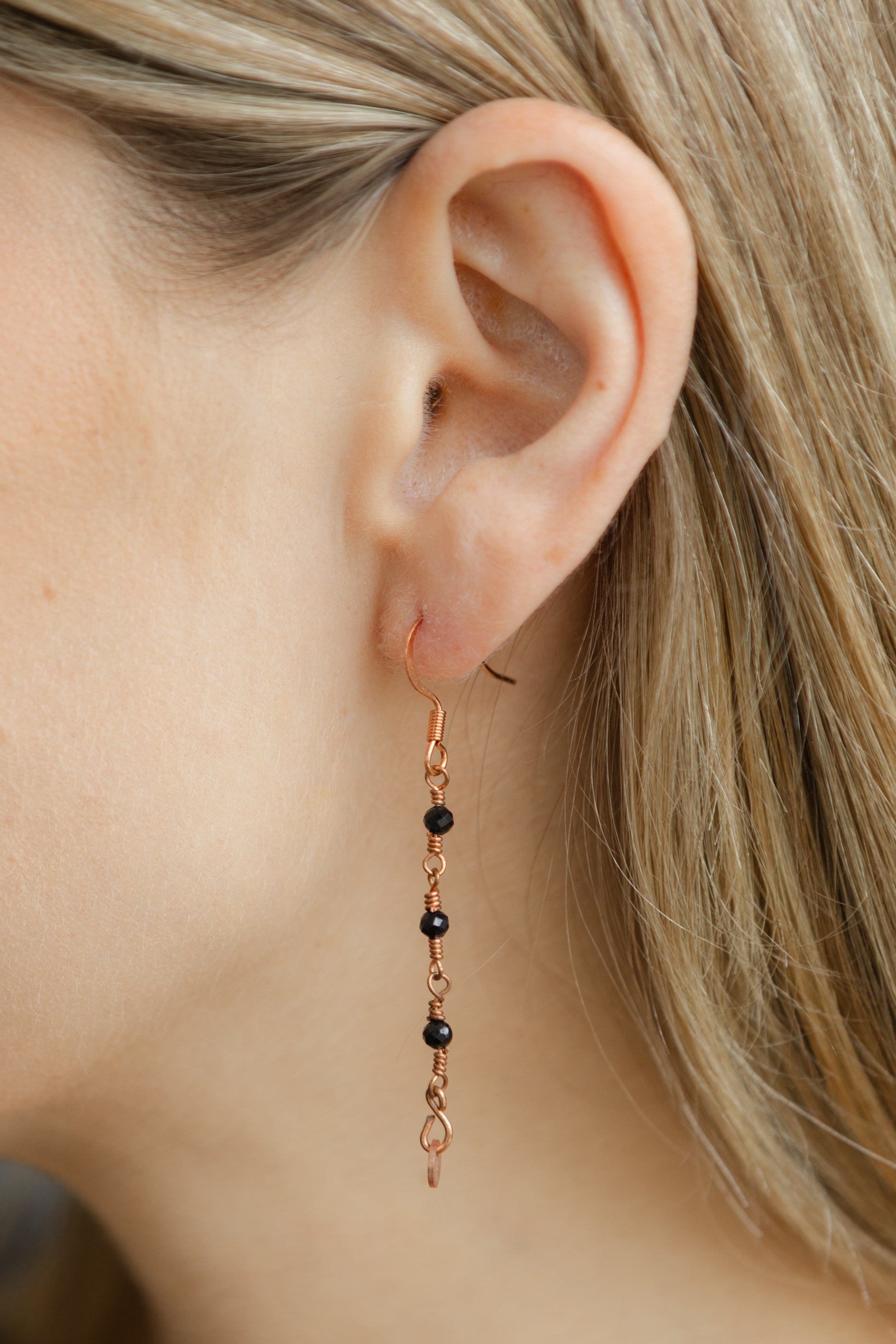 Black Tourmaline Dangle Earrings: Copper Circle, Nickle Free Copper Plated Brass