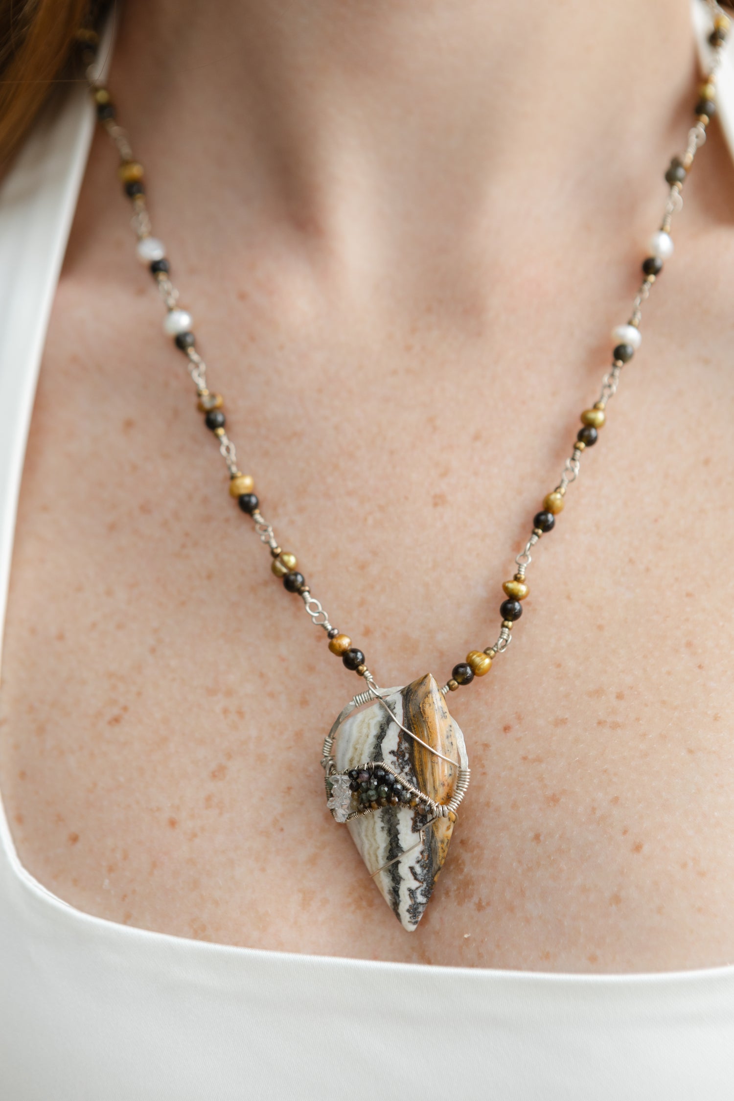 Freshwater Pearls, Gold-Sheen Obsidian, Tourmaline, Herkimer Diamonds, Agatized Jasper with .925 Silver Chain Necklace