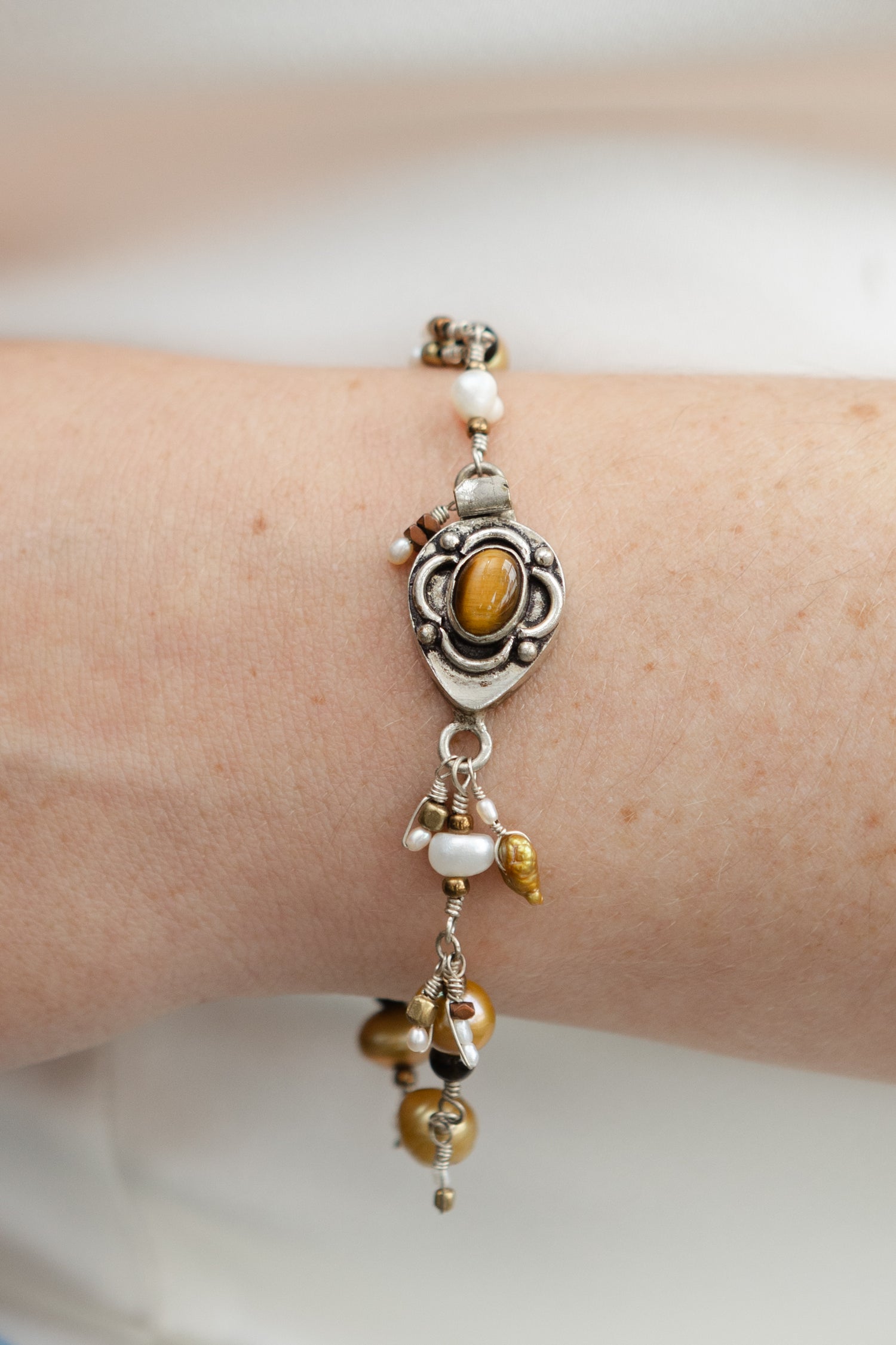 Freshwater Pearls, Goldsheen Obsidian, Tourmalinet Bracelet with Sterling Silver Chain