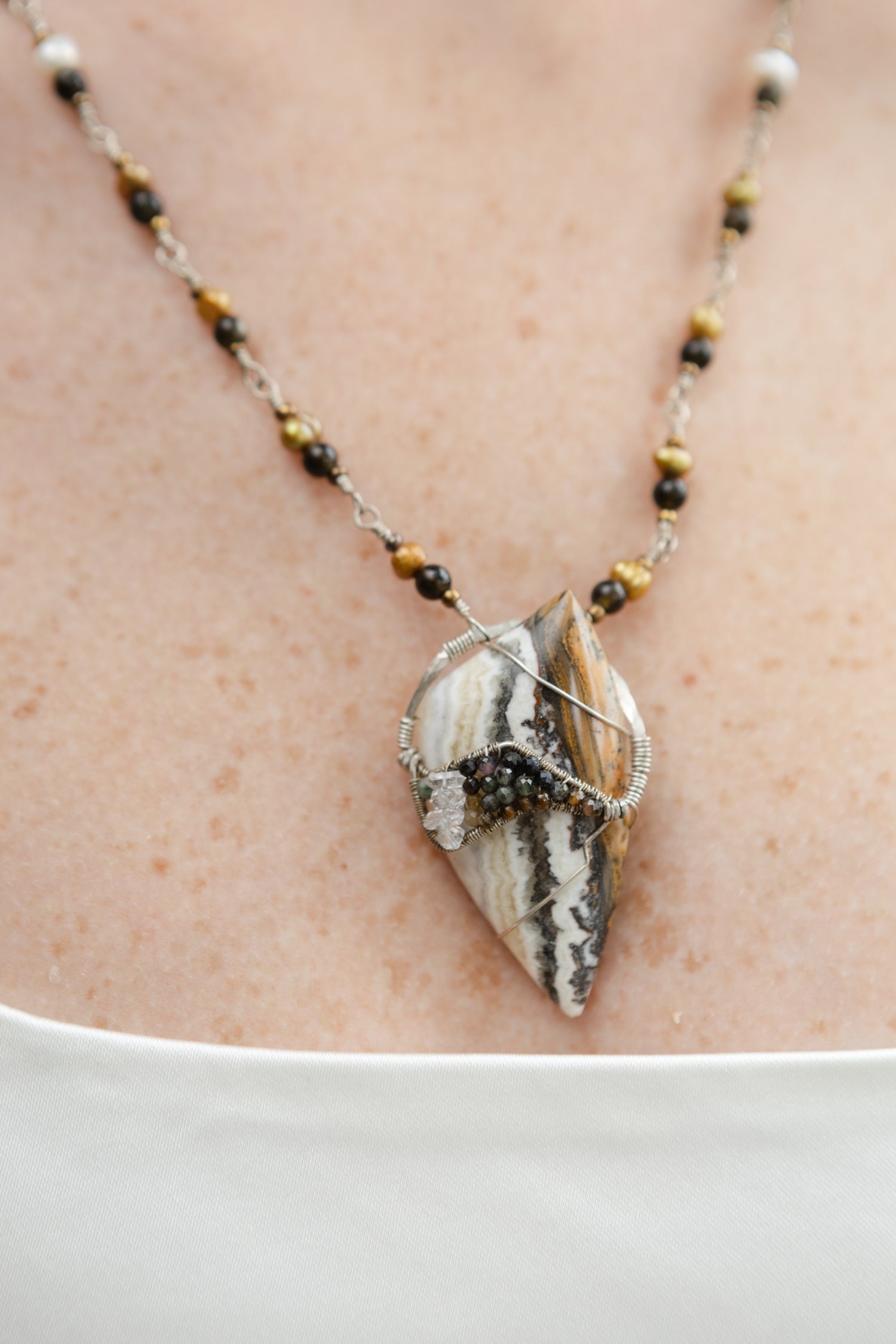 Freshwater Pearls, Gold-Sheen Obsidian, Tourmaline, Herkimer Diamonds, Agatized Jasper with .925 Silver Chain Necklace