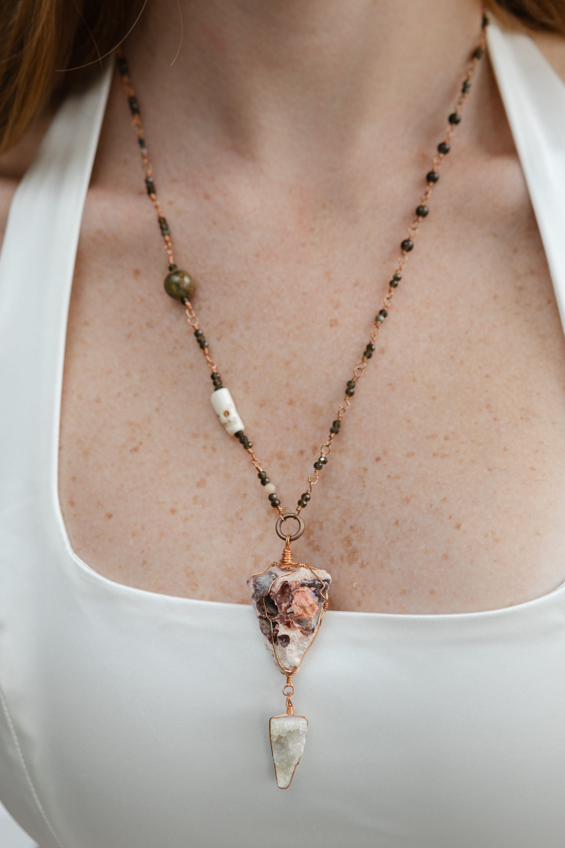 Raw Fire Opal &amp; Geode Handmade Copper Chain Necklace, Tourmaline, Goldsheen Obsidian