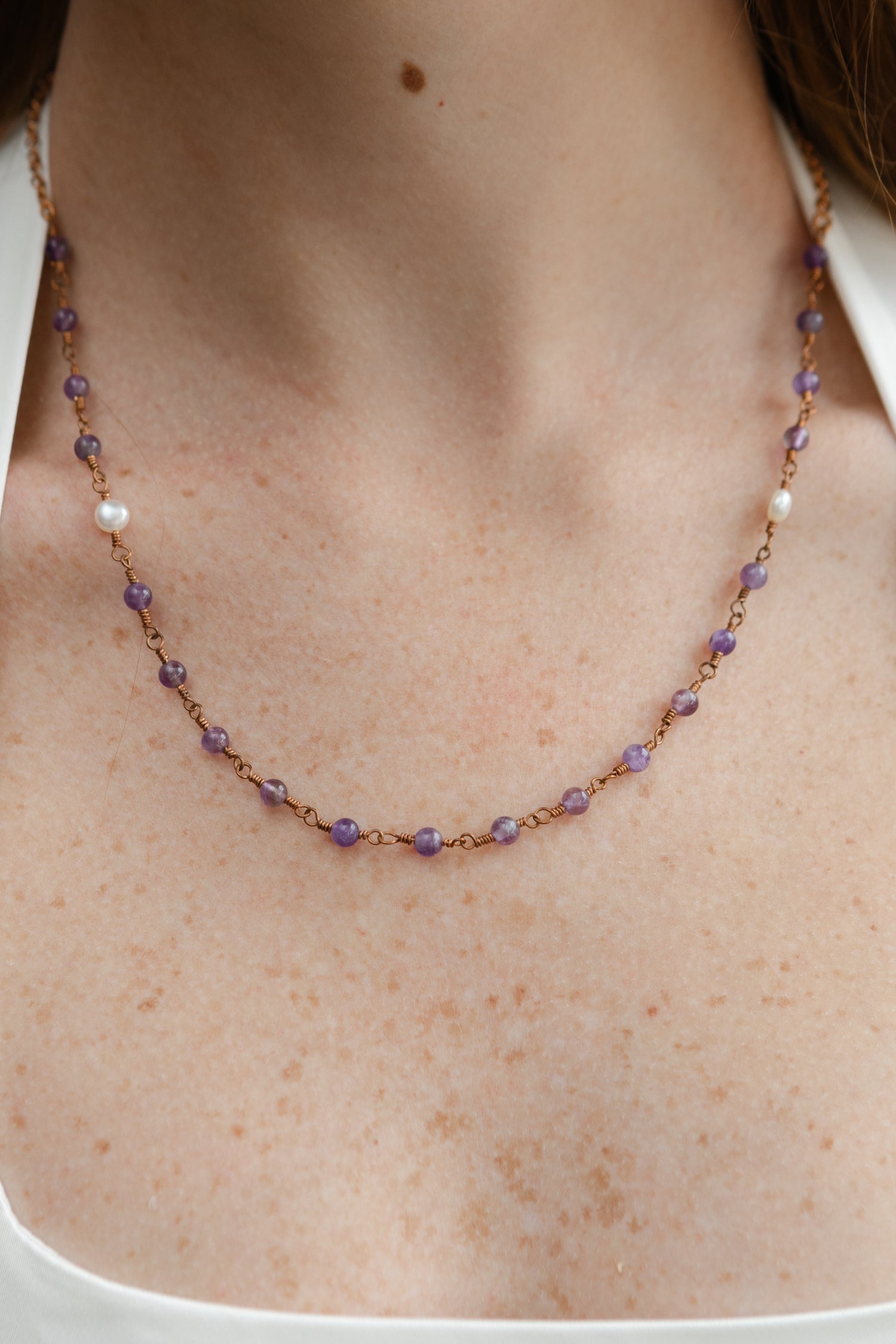 Handmade Copper Chain Necklace, Amethyst, Freshwater Pearls