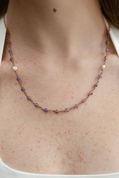 Handmade Copper Chain Necklace, Amethyst, Freshwater Pearls