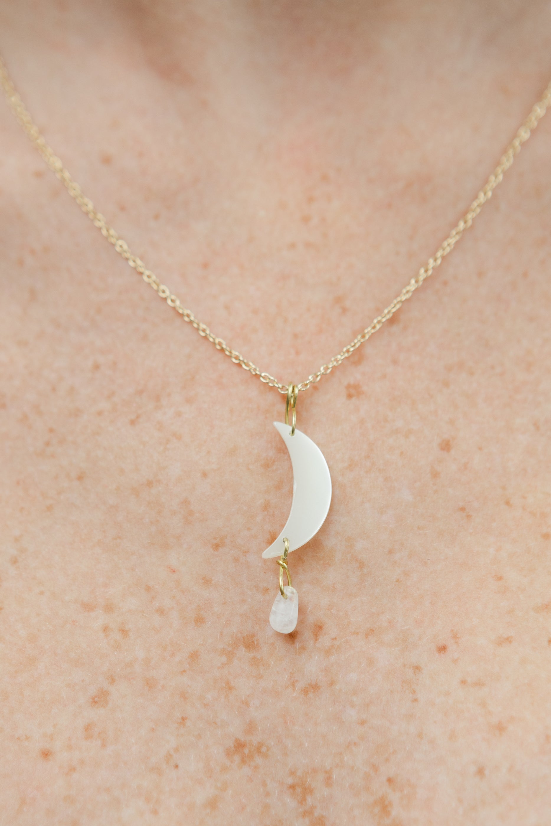 Freshwater Pearl Crescent Moon/Moonstone Tear Drop Necklace, 18k Gold Coated Brass