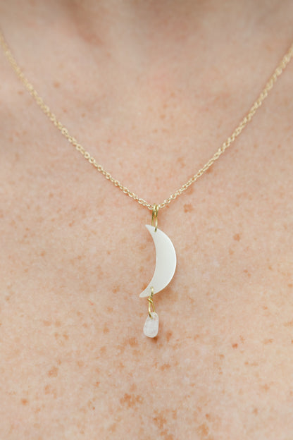 Freshwater Pearl Crescent Moon/Moonstone Tear Drop Necklace, 18k Gold Coated Brass