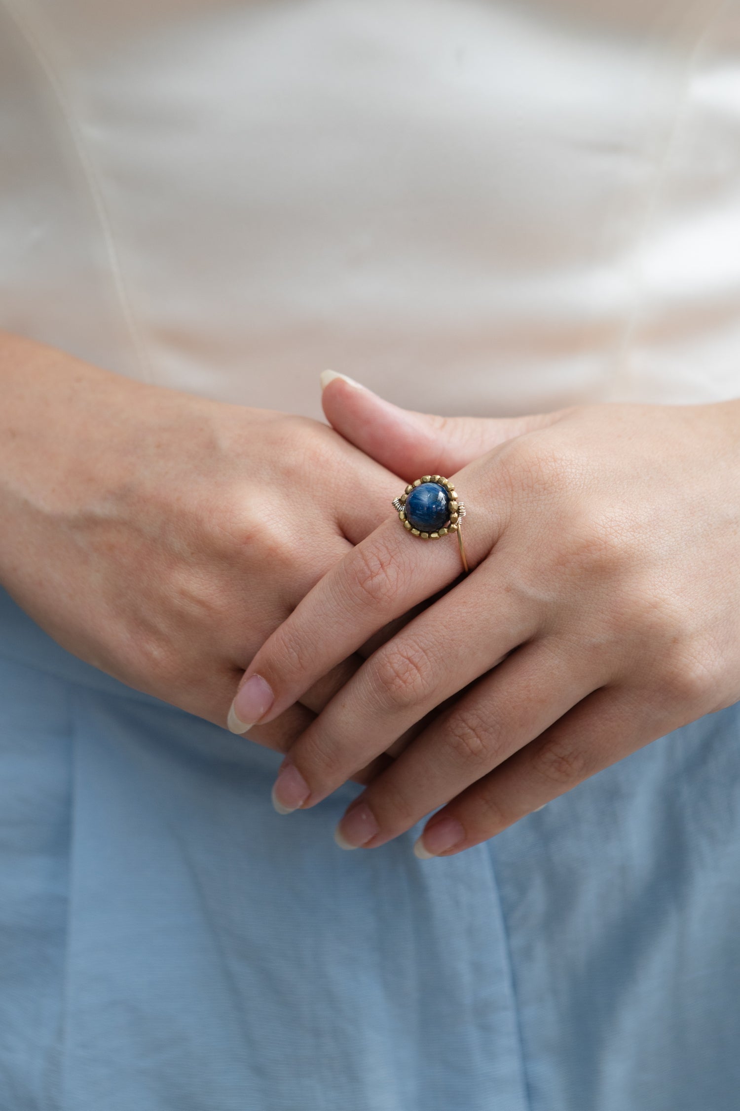 Kyanite Bead Ring, Brass Beads, 14kt Gold Plated Wire, Silver Wire