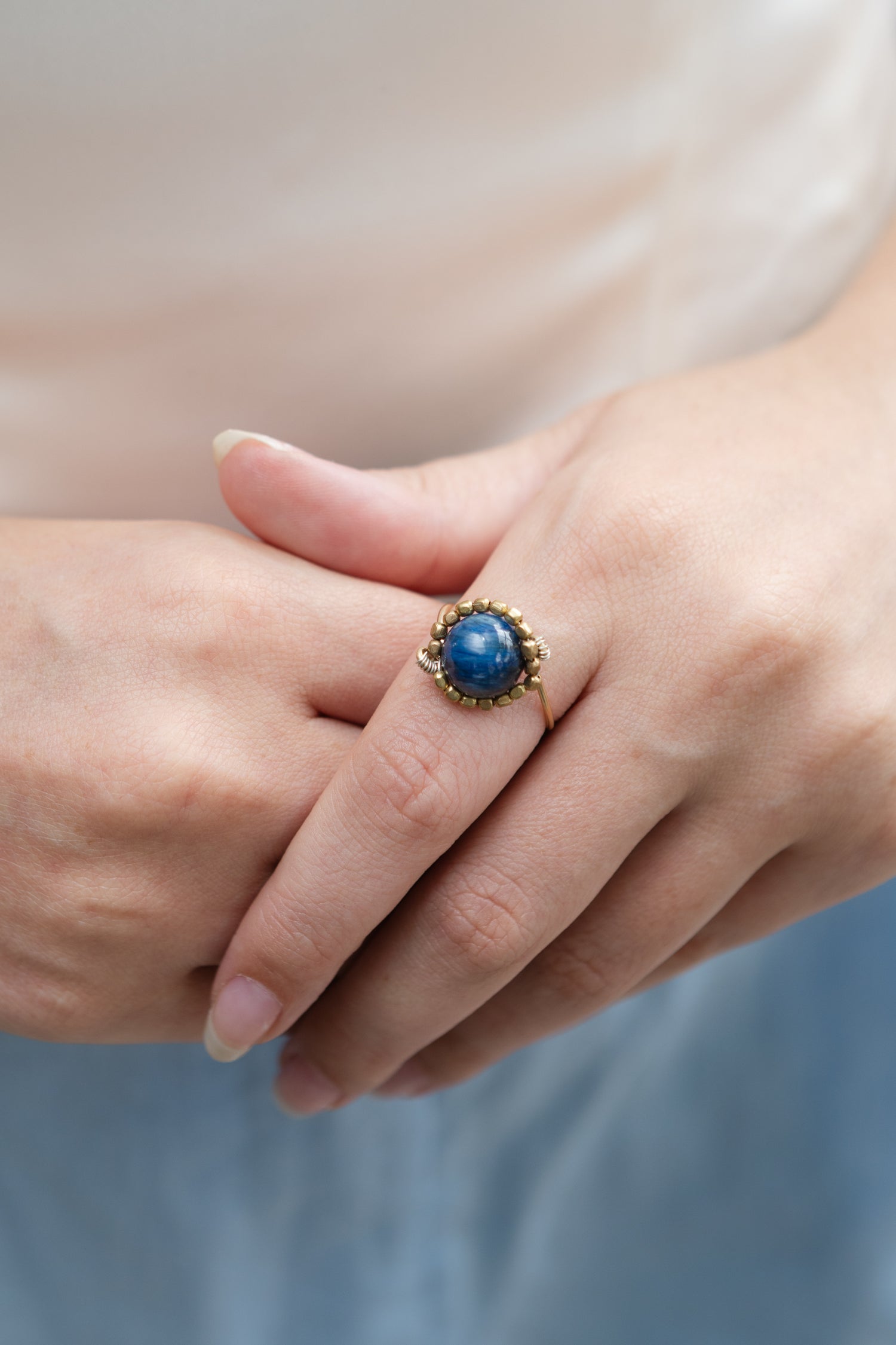 Kyanite Bead Ring, Brass Beads, 14kt Gold Plated Wire, Silver Wire