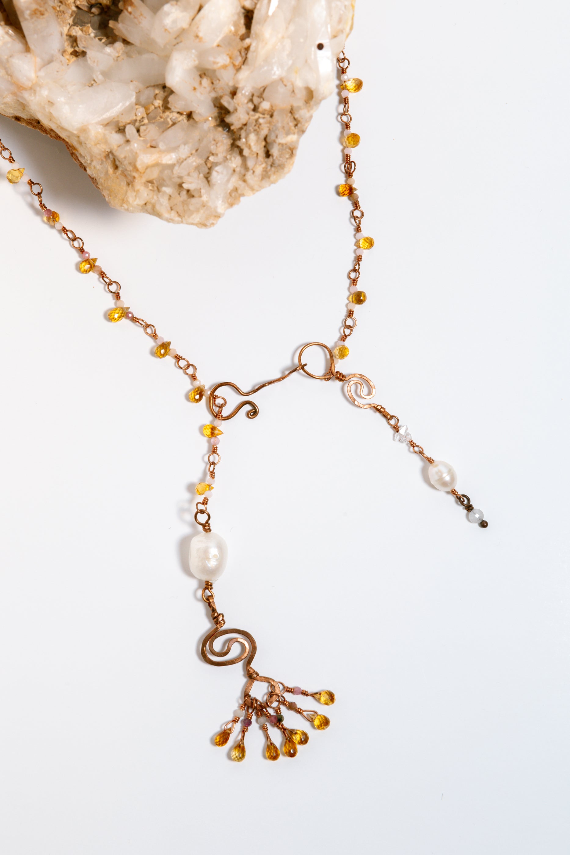 Handmade Copper Chain Necklace, Citrine and Freshwater Pearls