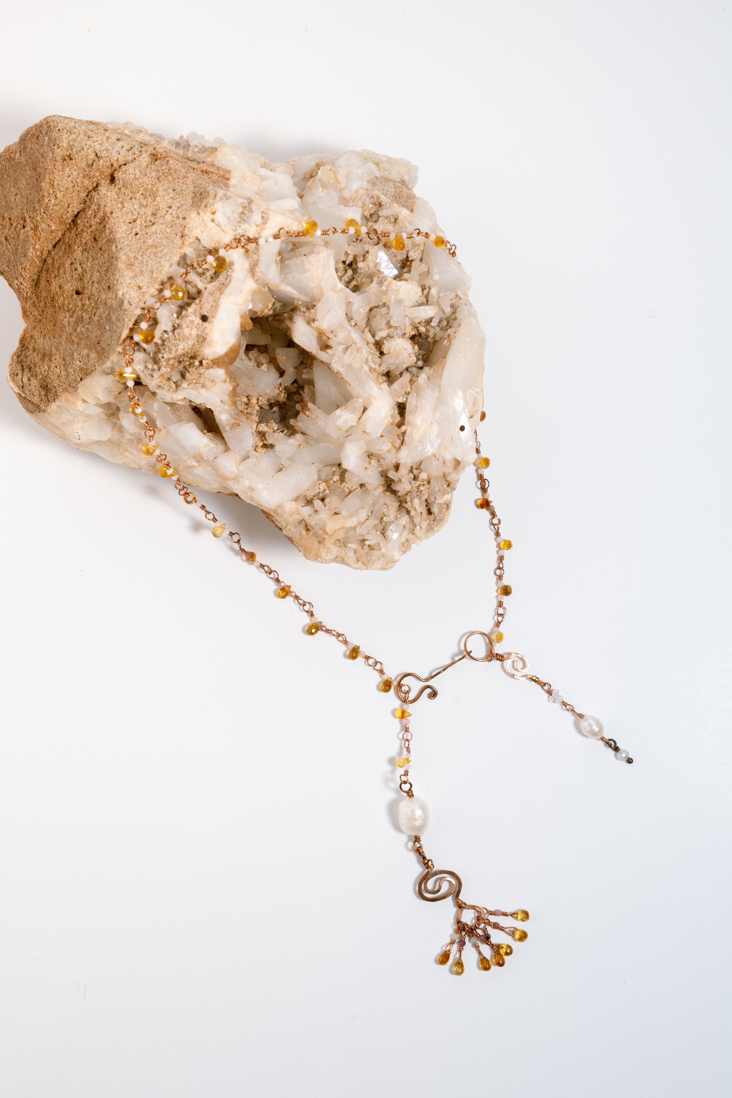 Handmade Copper Chain Necklace, Citrine and Freshwater Pearls