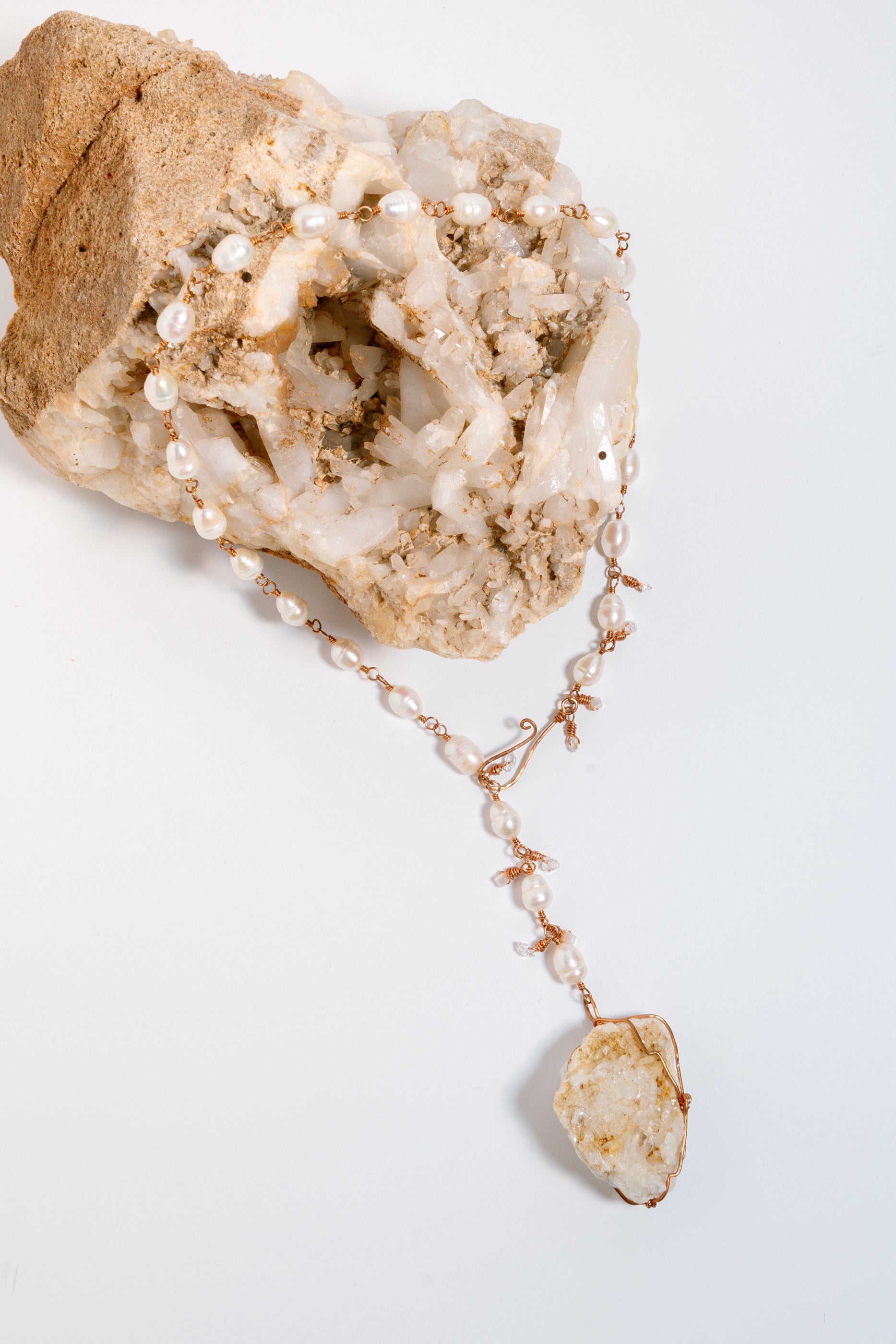 Handmade Copper Chain Necklace with Freshwater Pearls, Herkimer Diamonds, Arkansas Quartz