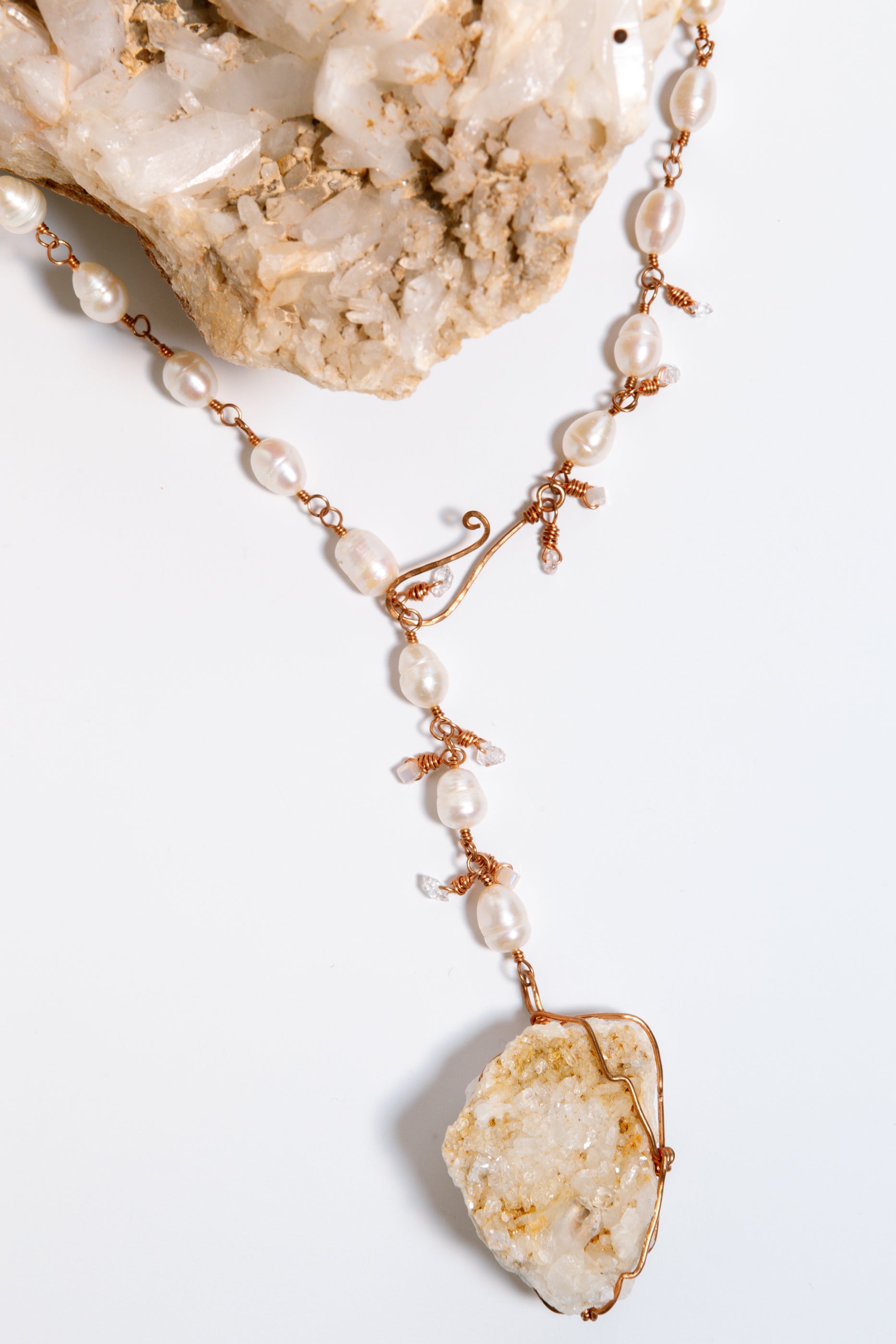 Handmade Copper Chain Necklace with Freshwater Pearls, Herkimer Diamonds, Arkansas Quartz