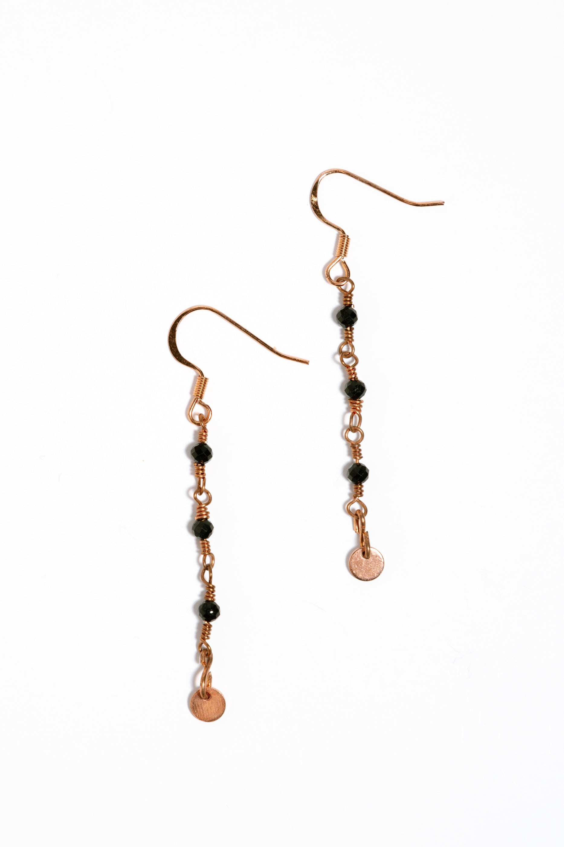 Black Tourmaline Dangle Earrings: Copper Circle, Nickle Free Copper Plated Brass