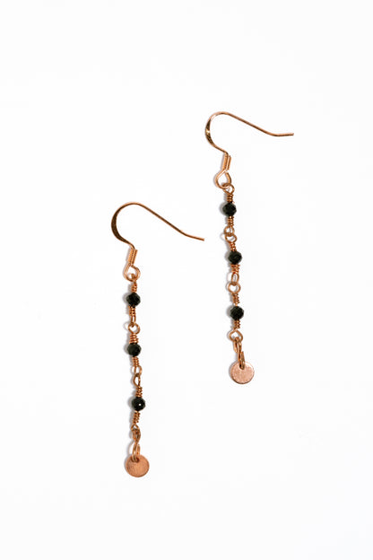 Black Tourmaline Dangle Earrings: Copper Circle, Nickle Free Copper Plated Brass